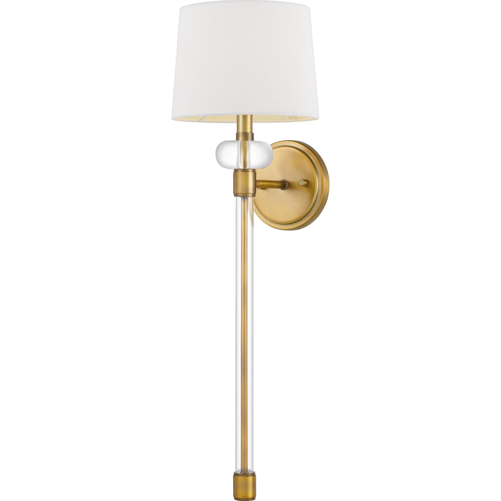 Shown in Weathered Brass finish and Fabric shade