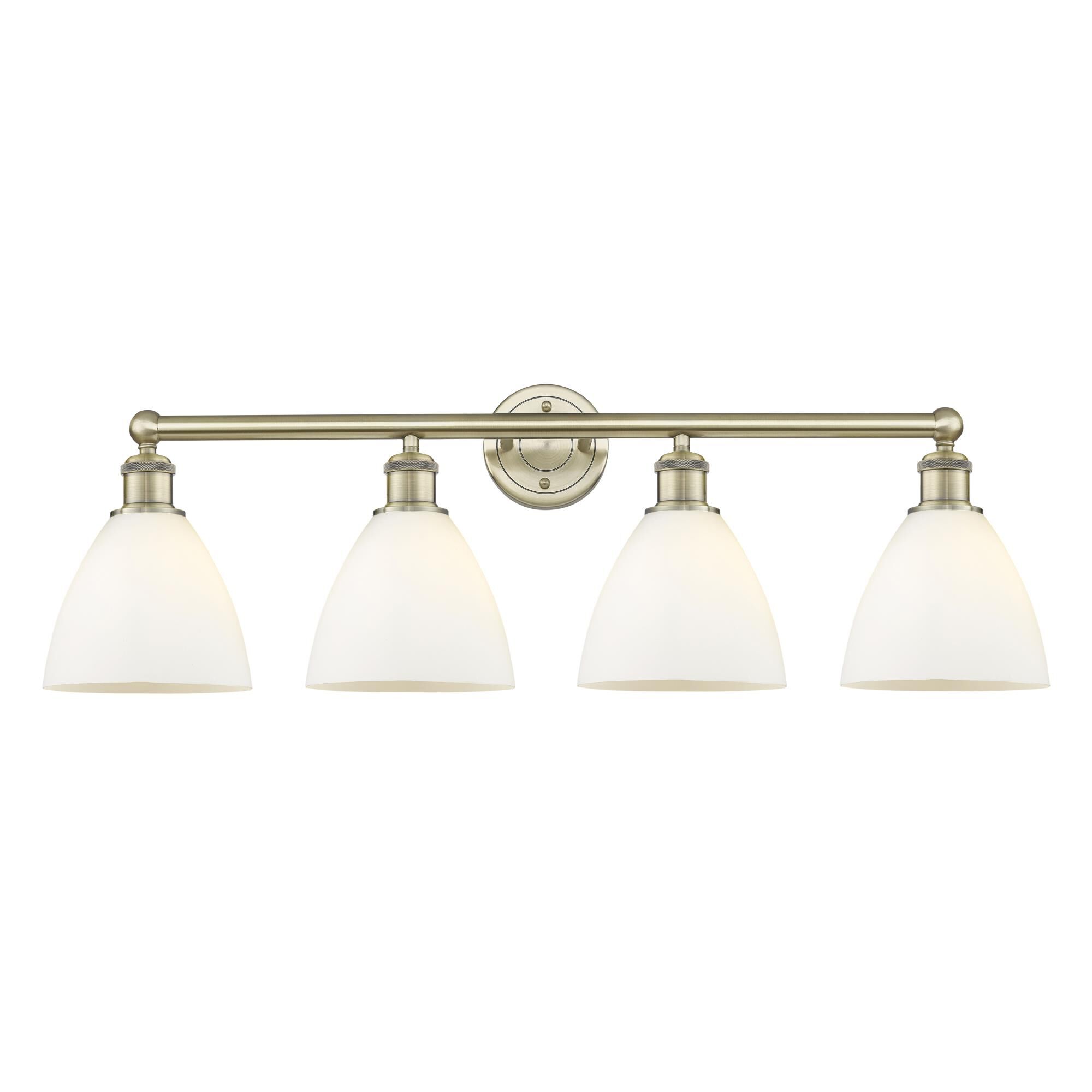 Shown in Antique Brass finish and Matte White glass