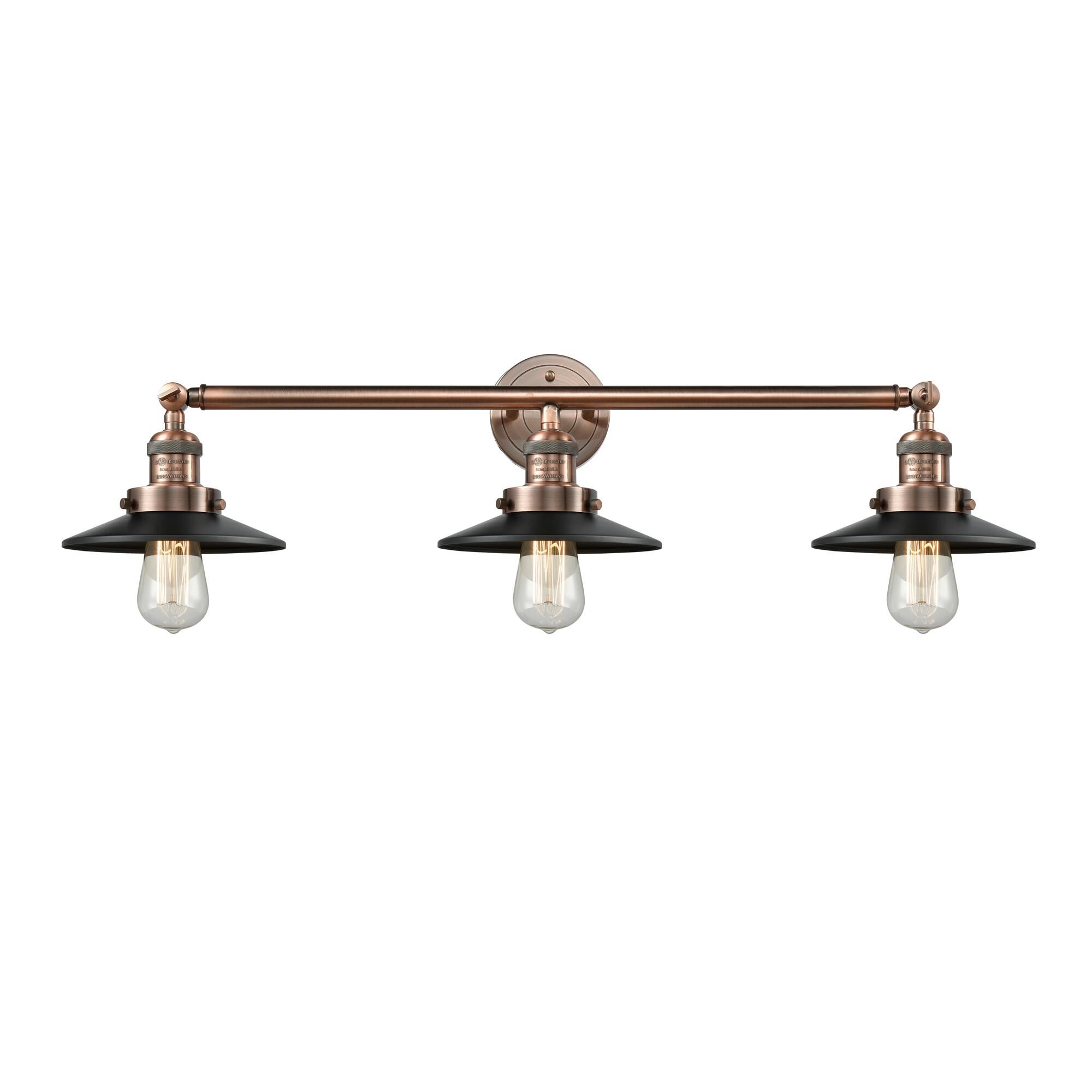 Shown in Antique Copper finish and Matte Black Railroad shade