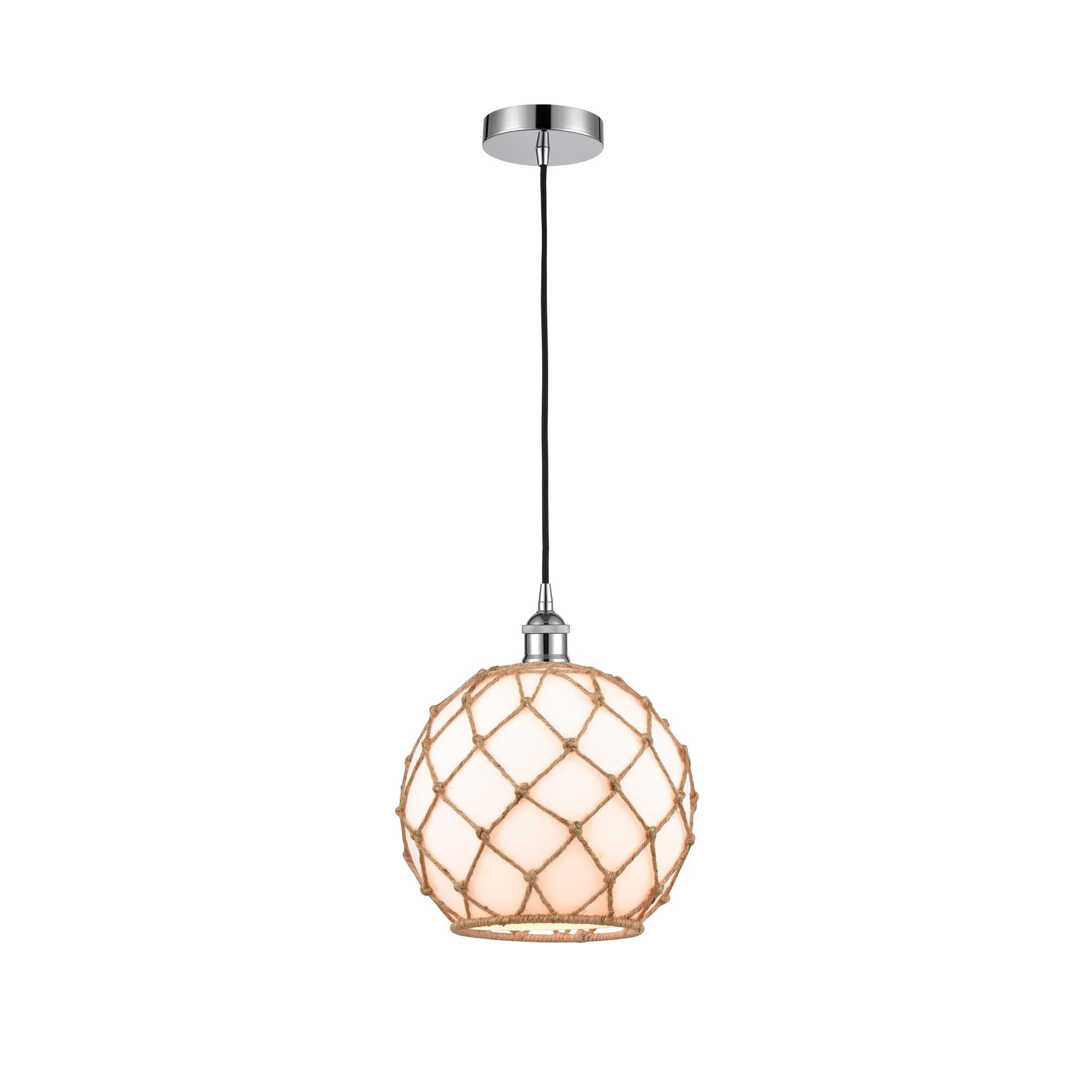 Shown in Polished Chrome finish and White Large Farmhouse With Brown Rope glass and No Shade shade