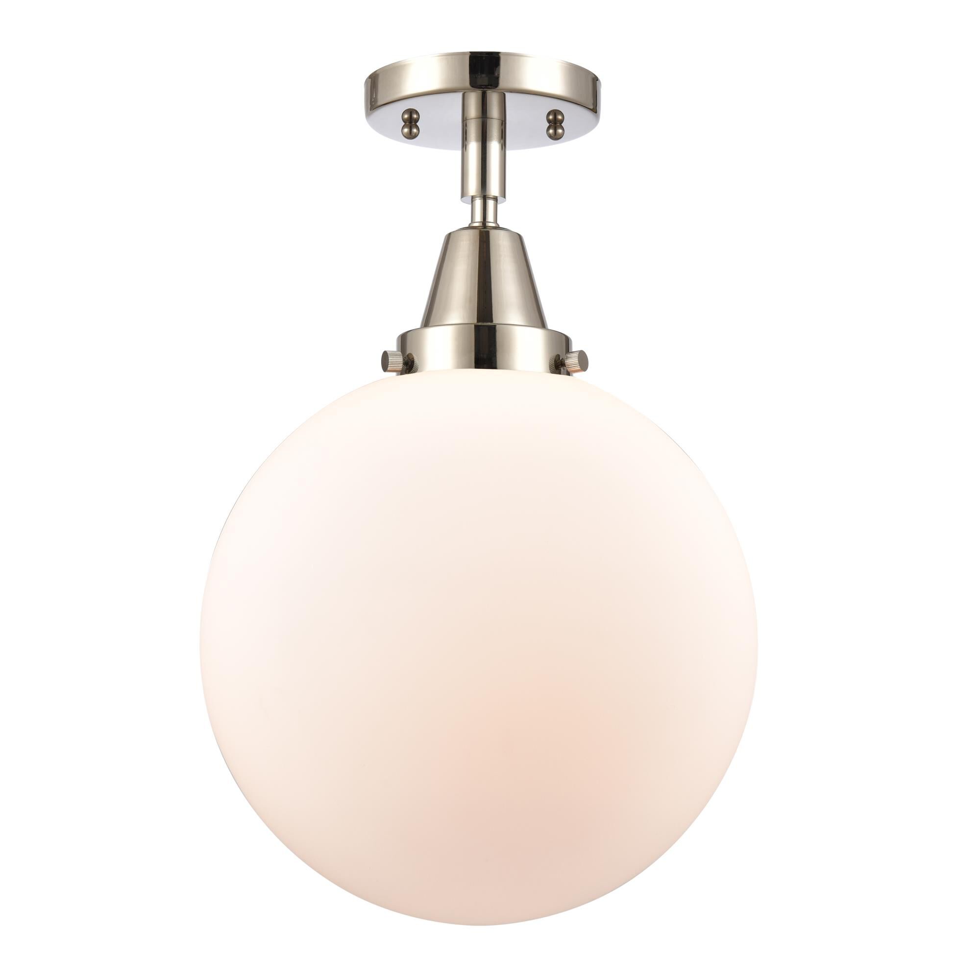 Shown in Polished Nickel finish and Matte White Cased Beacon glass