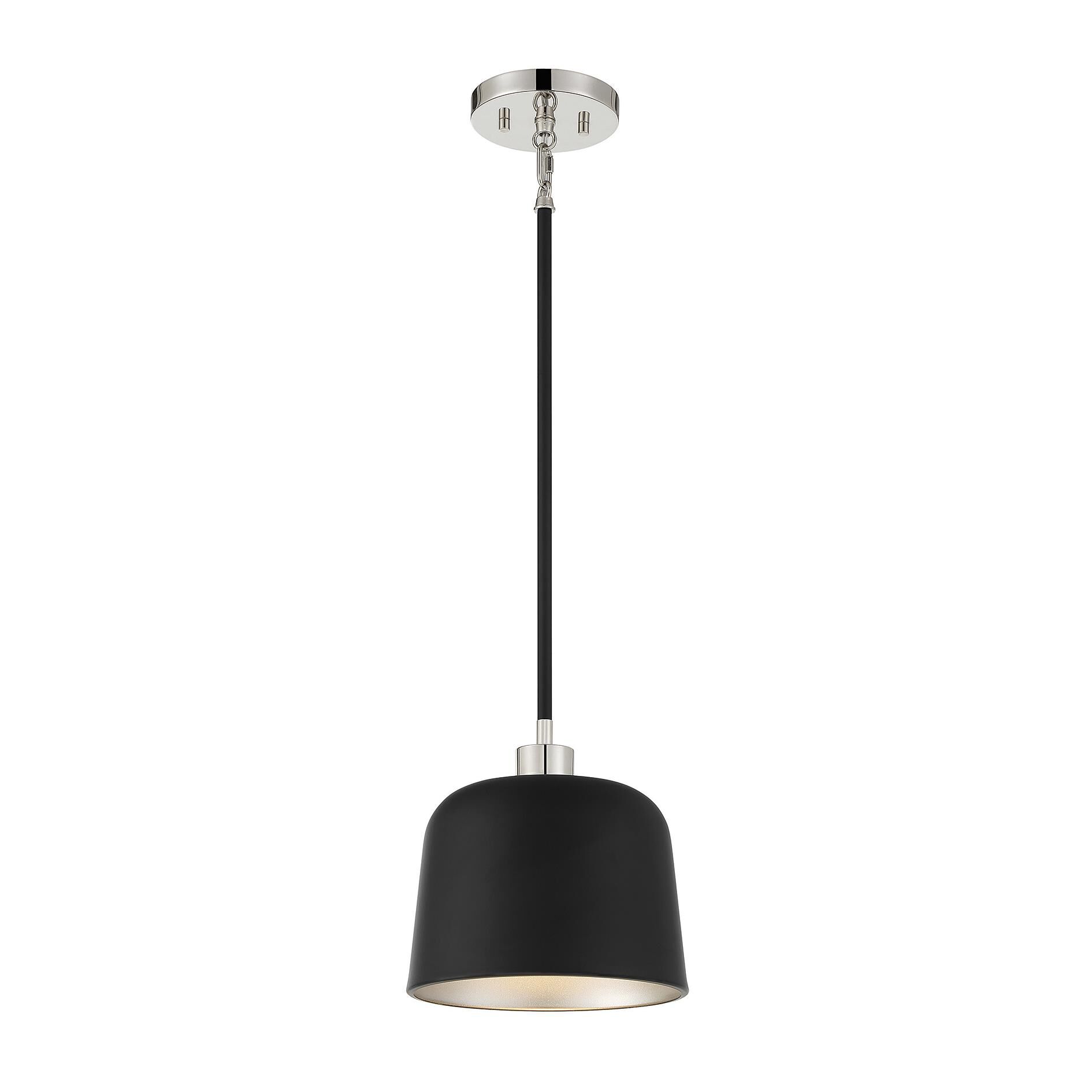 Shown in Matte Black With Polished Nickel finish and Matte Black Metal shade
