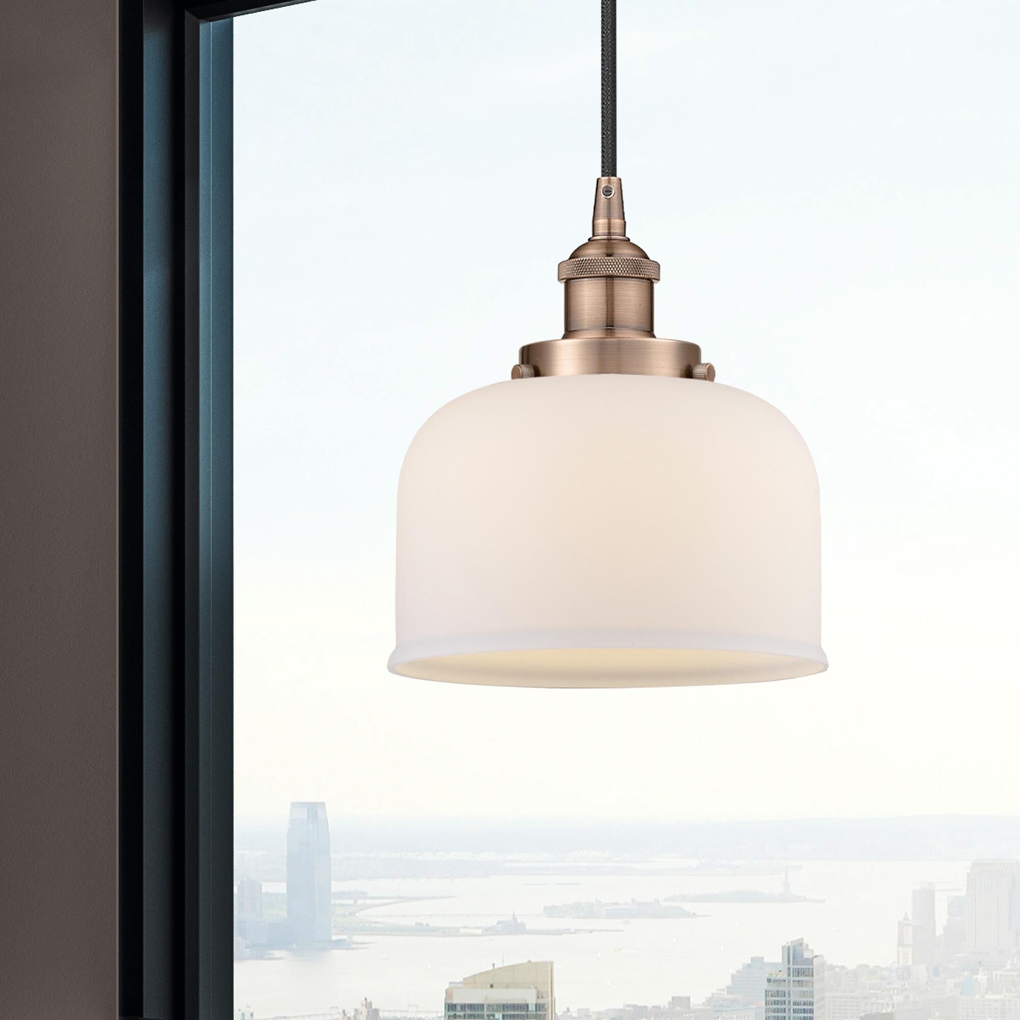 Shown in Antique Copper finish and Matte White glass