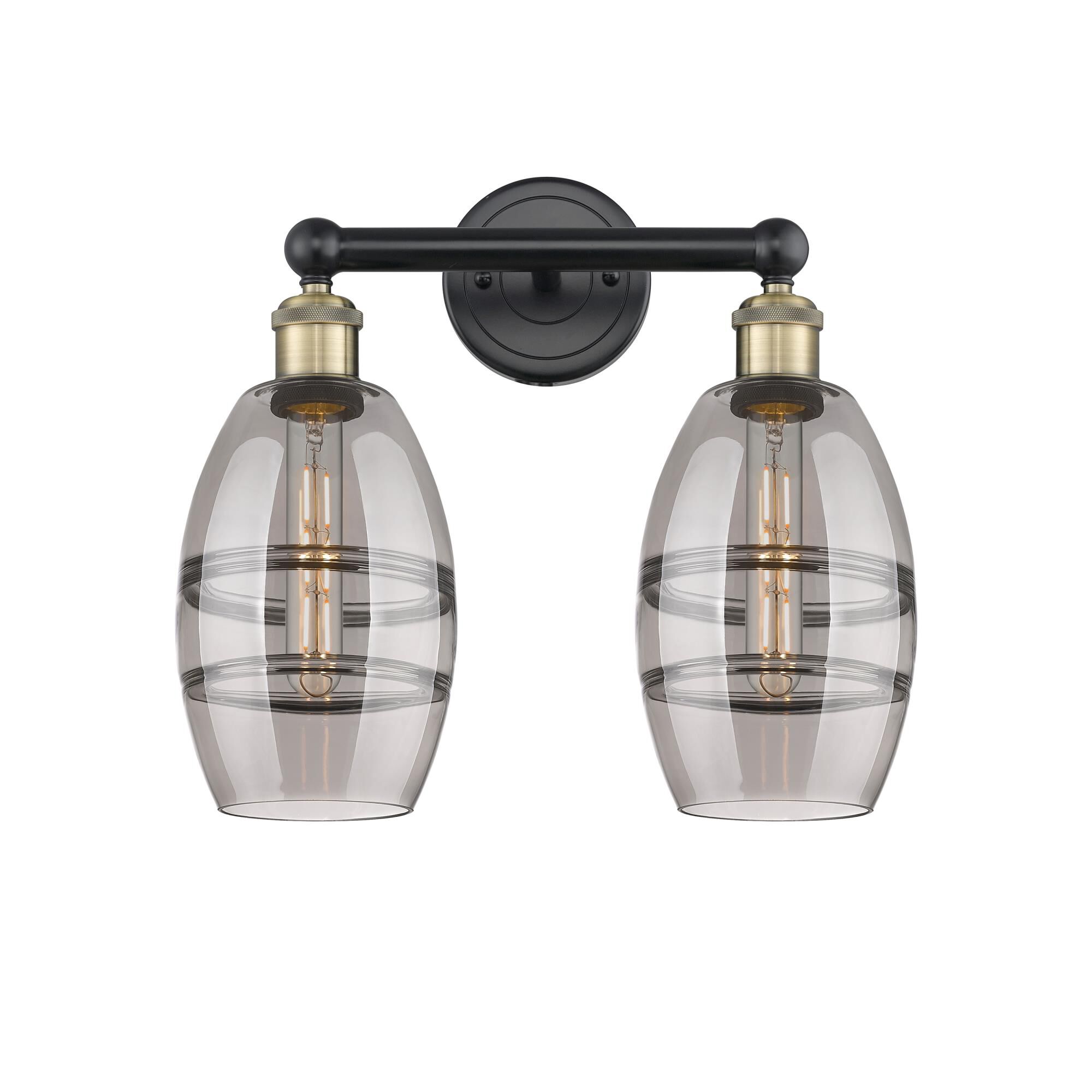 Shown in Black Antique Brass finish and Light Smoke glass