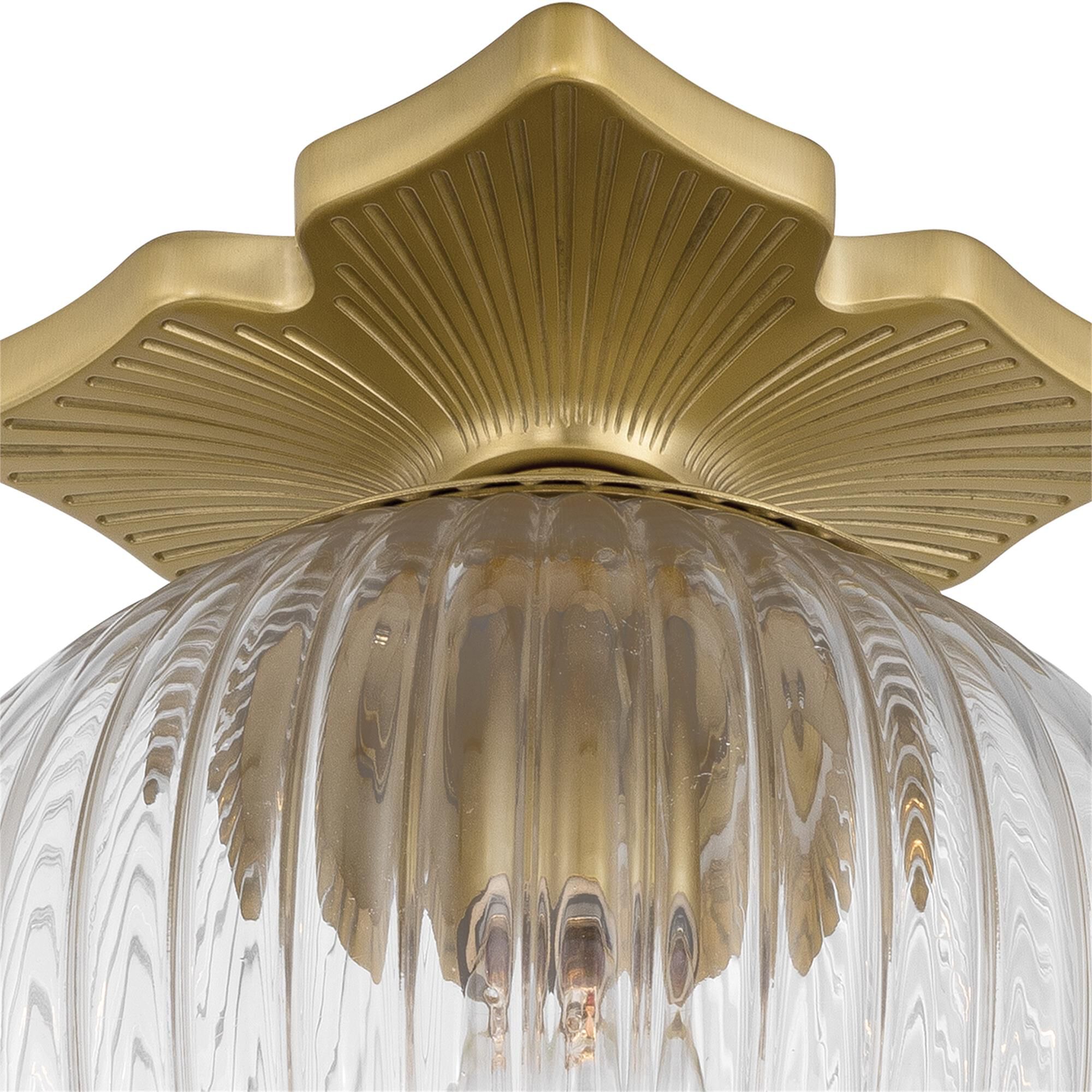 Shown in Aged Brass finish and Ribbed glass and Ribbed Glass shade