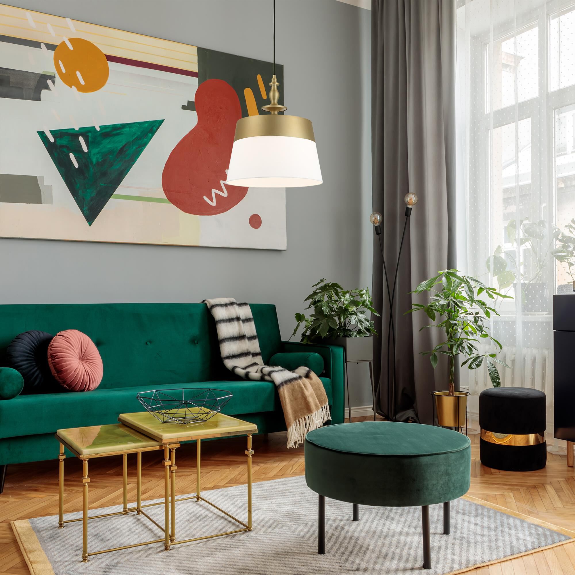 Shown in Brushed Gold finish and White Fabric  shade