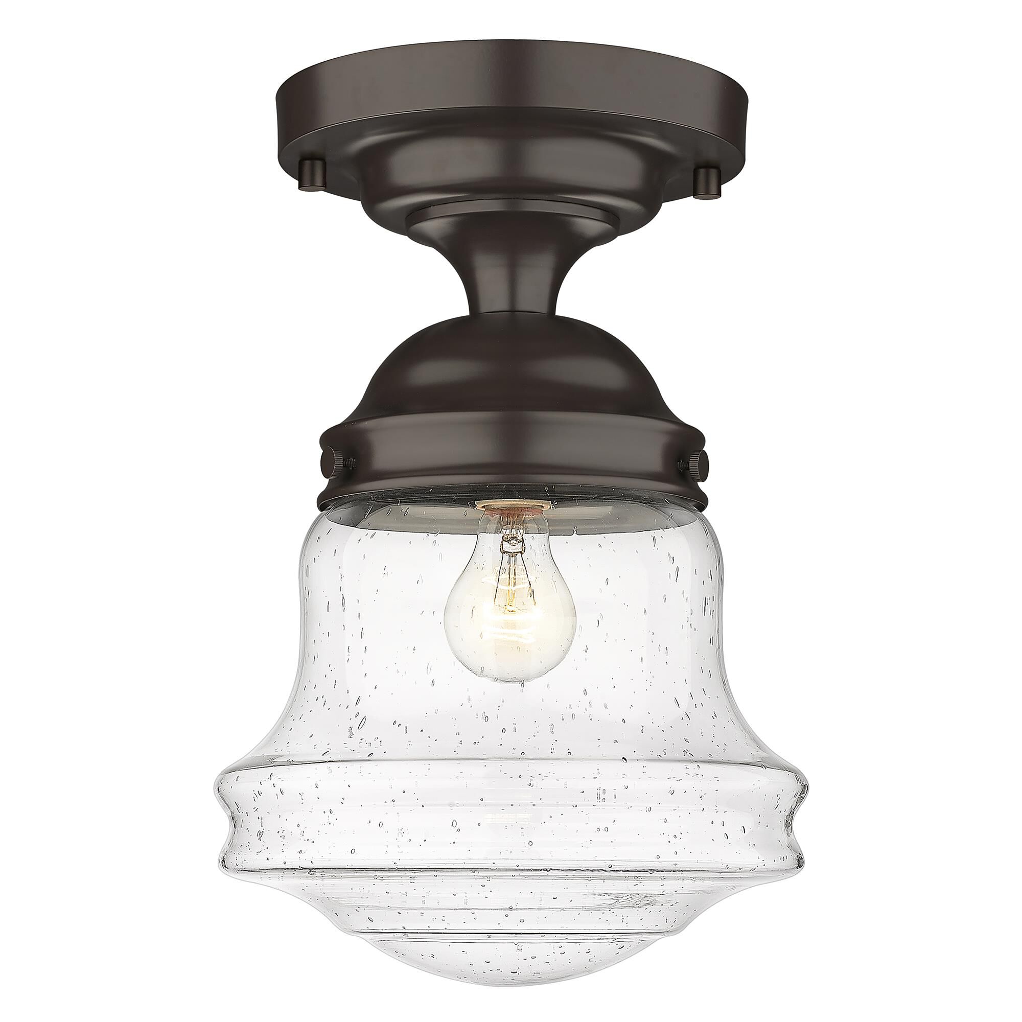 Shown in Bronze finish and Clear Seedy glass