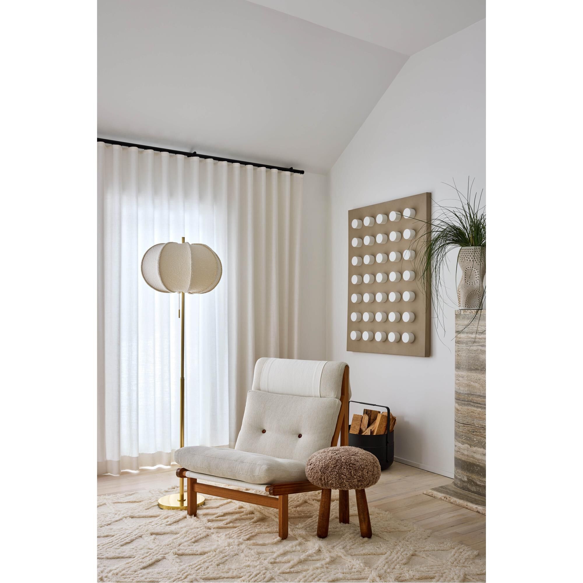 Shown in Aged Brass finish and Textured Linen shade