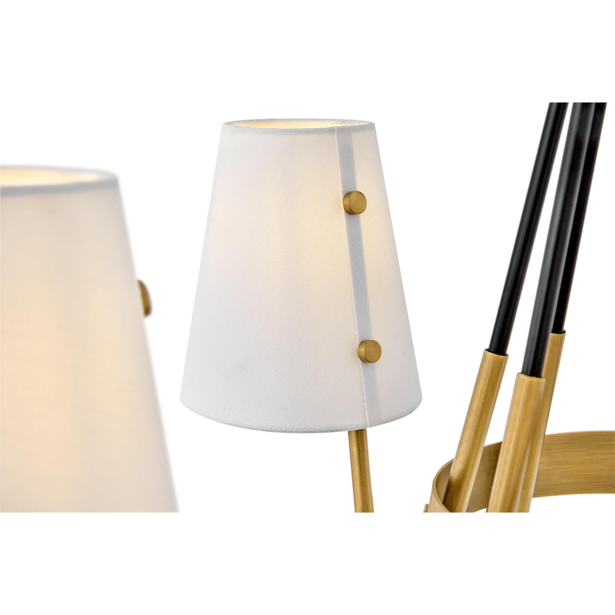 Shown in Heritage Brass finish and Off-White Fabric shade