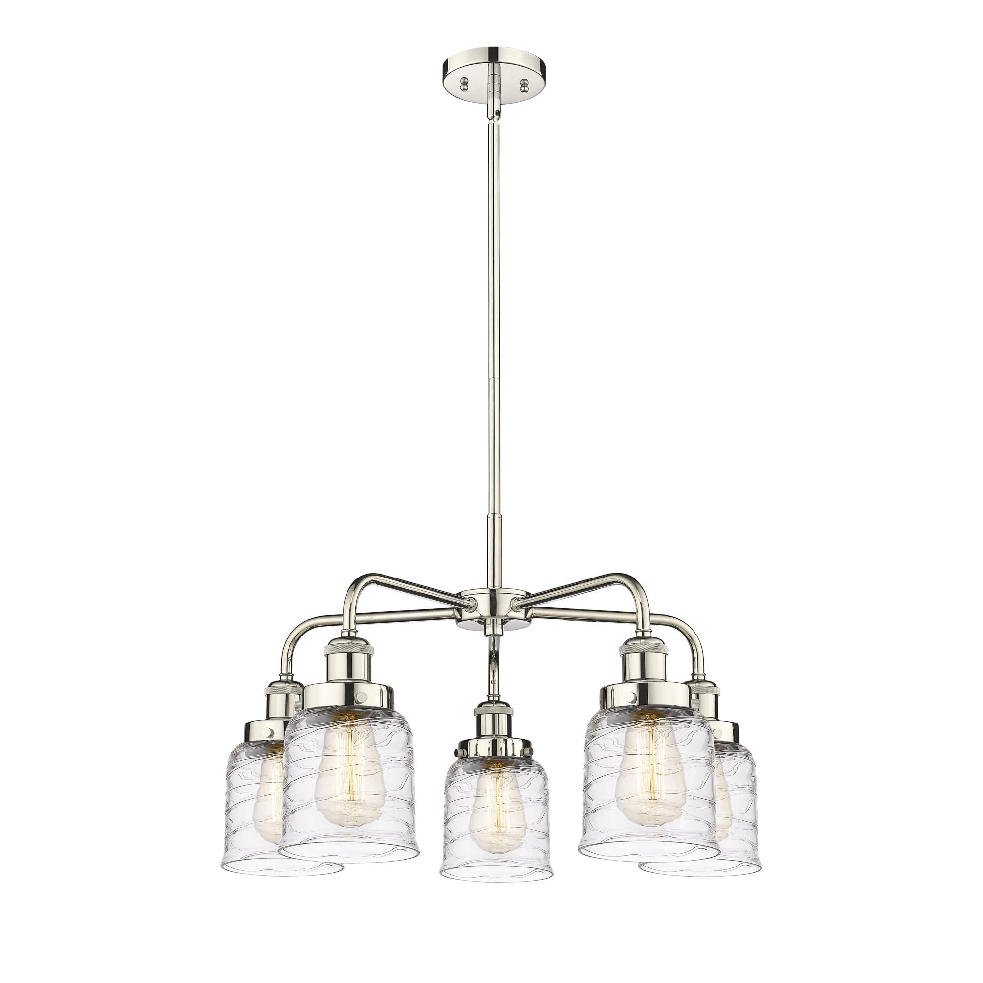 Shown in Polished Nickel finish and Clear Deco Swirl glass