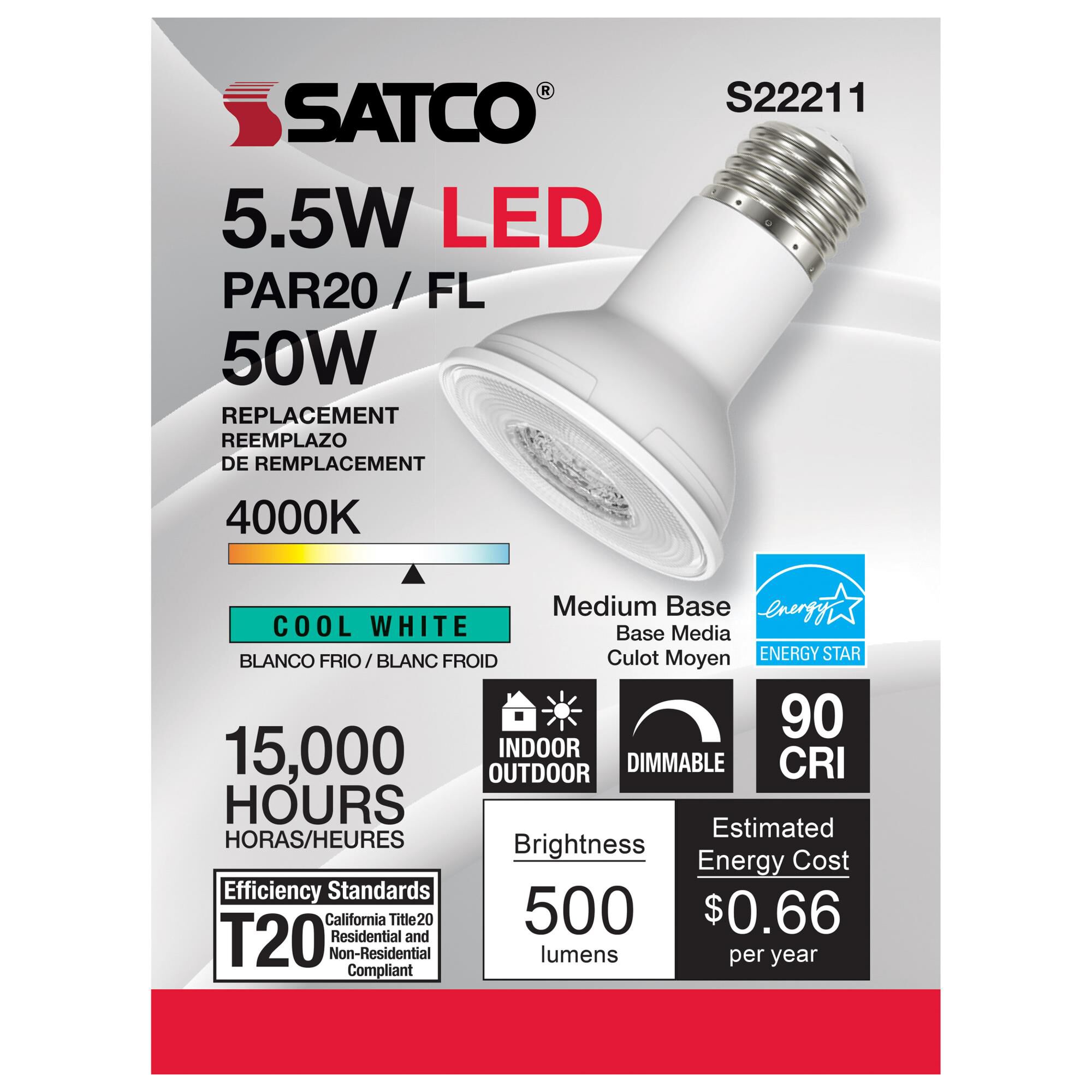 Dimmable 5.5 Watt 4000K PAR20 LED Light Bulb by Satco