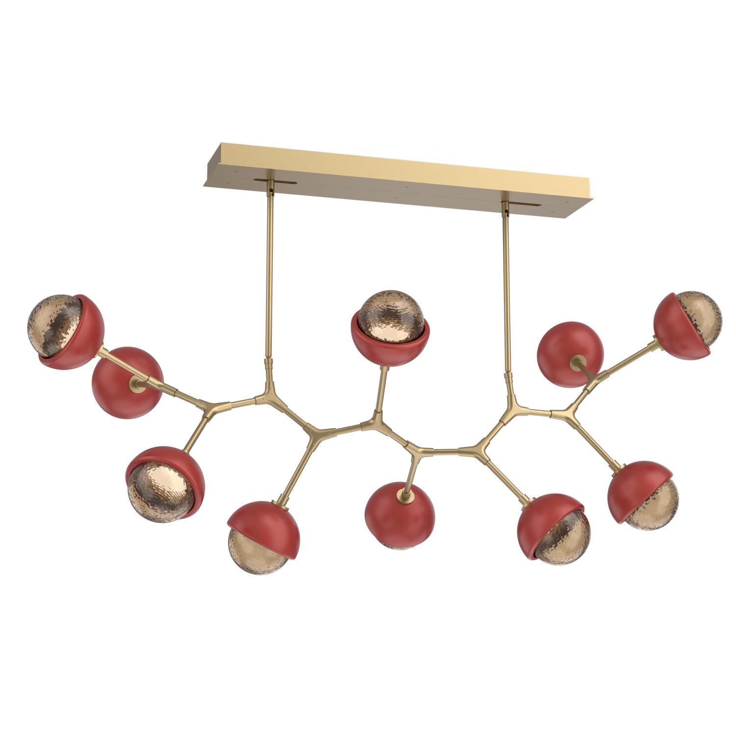Shown in Gilded Brass finish and Bronze glass and Cinnamon Red accent