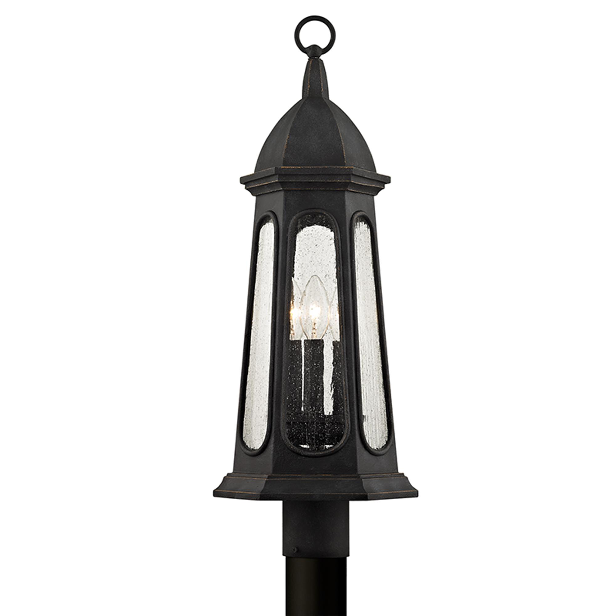Shown in Vintage Iron finish and Clear Seeded glass