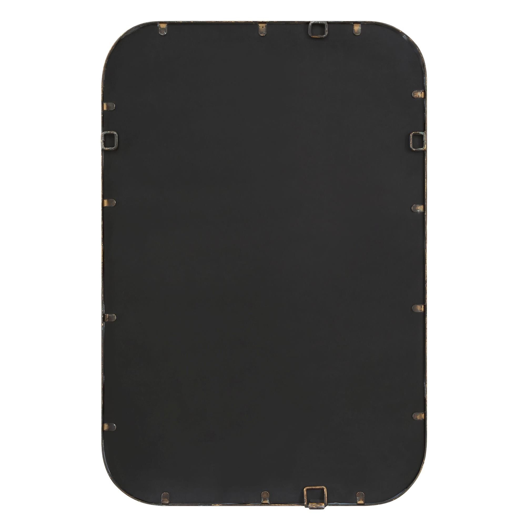 Shown in This Vanity Mirror Features A Hammered Textured Iron Frame Finished In An Aged Bronze With Intricate finish