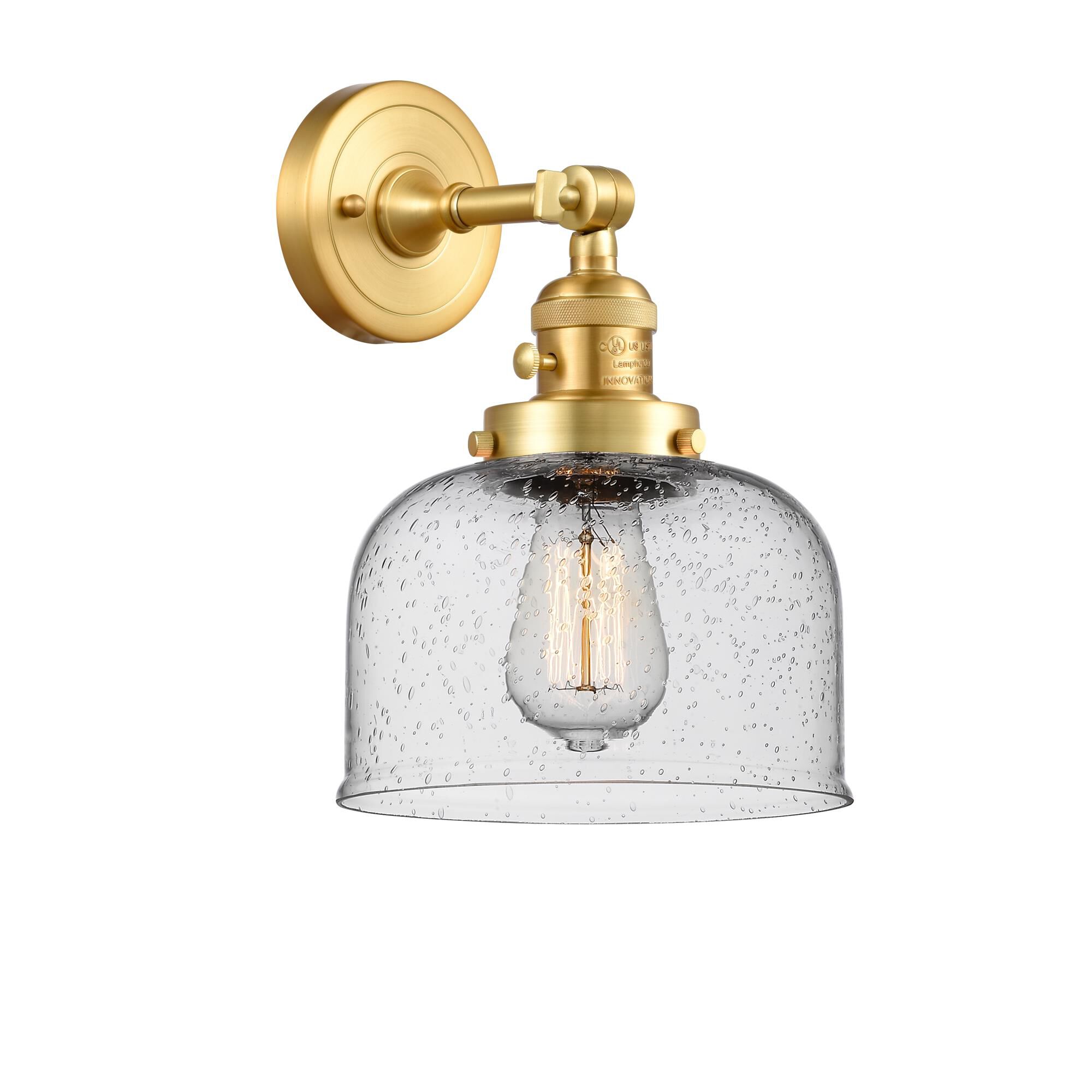 Shown in Satin Gold finish and Seedy Large Bell glass