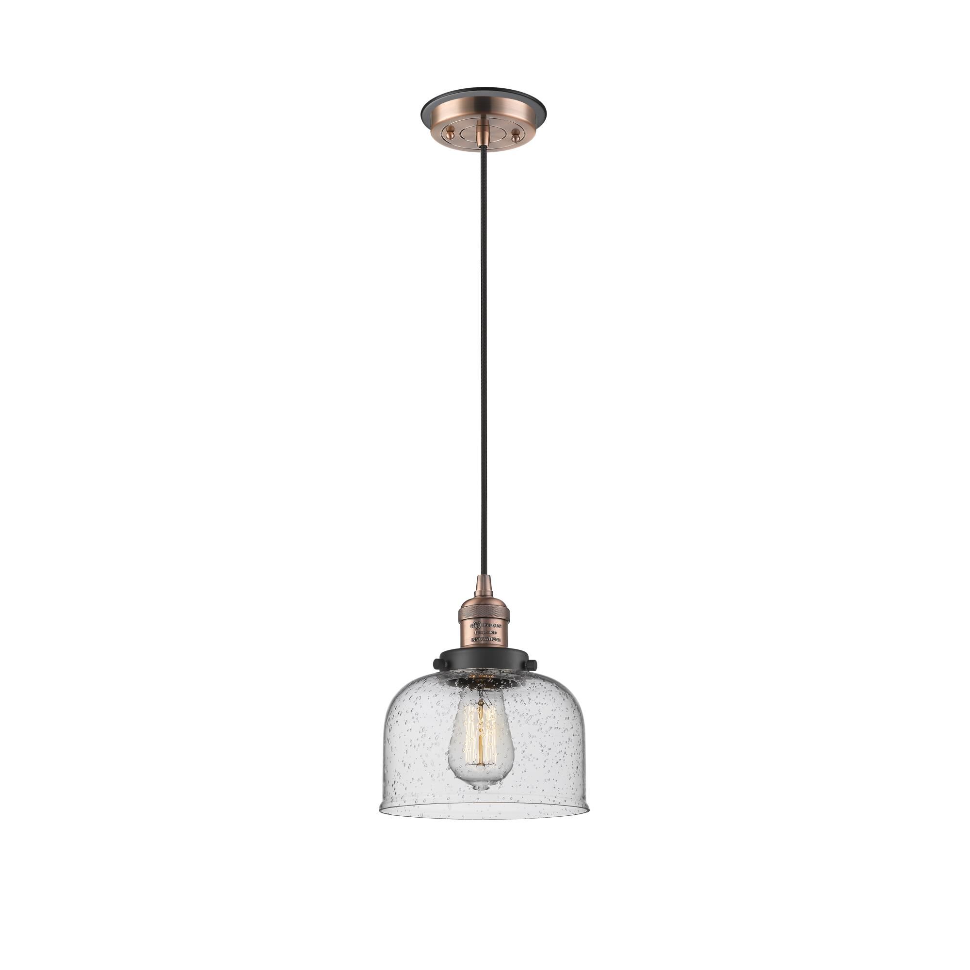 Shown in Antique Copper finish and Seedy Large Bell glass and Matte Black accent