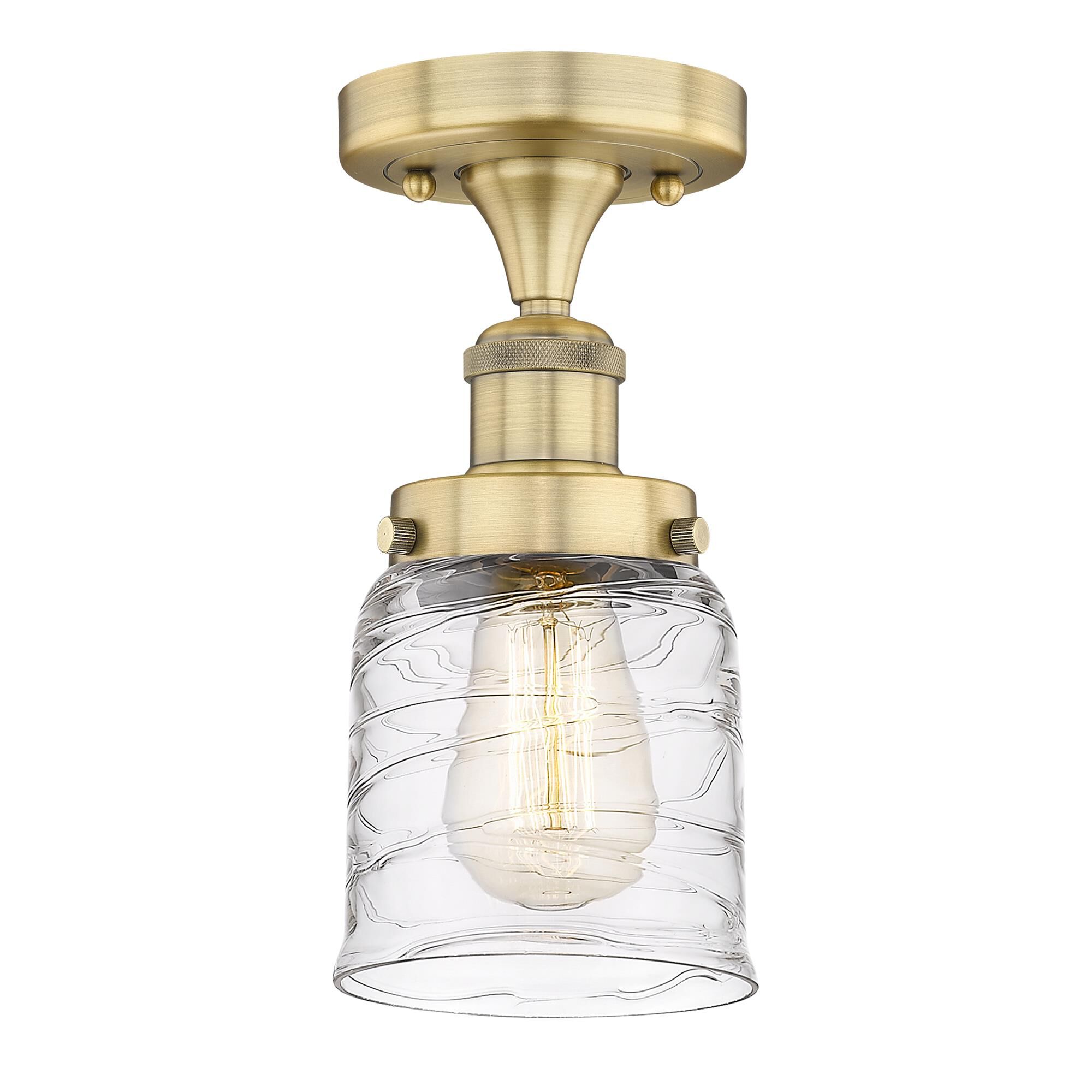 Shown in Brushed Brass finish and Clear Deco Swirl glass