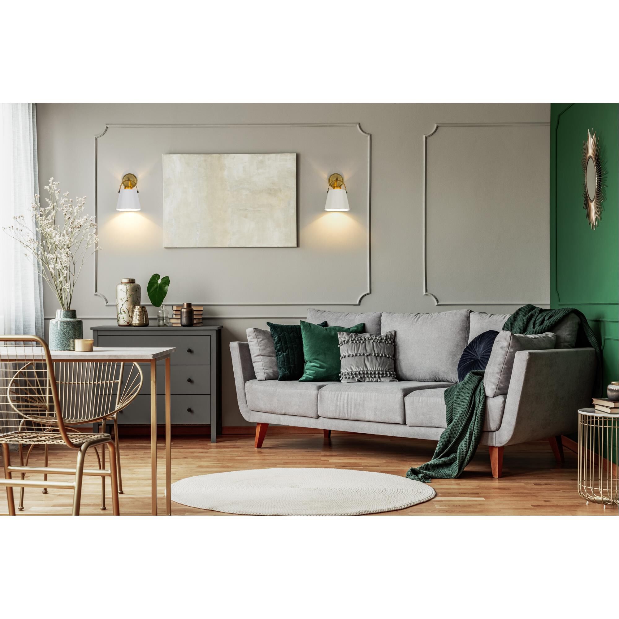 Shown in Matte White and Heritage Brass finish and Steel shade