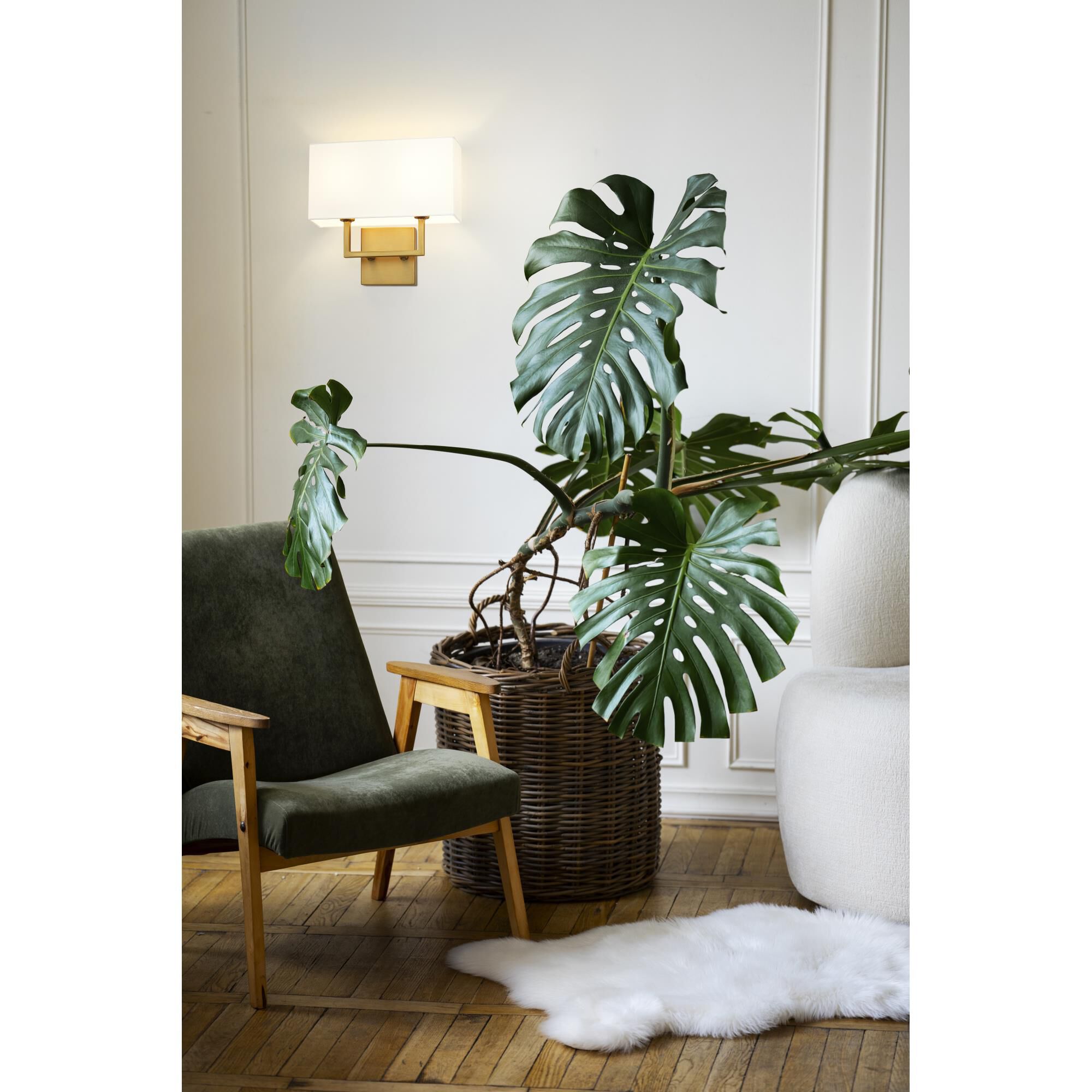 Shown in Olde Brass finish and White glass and White shade