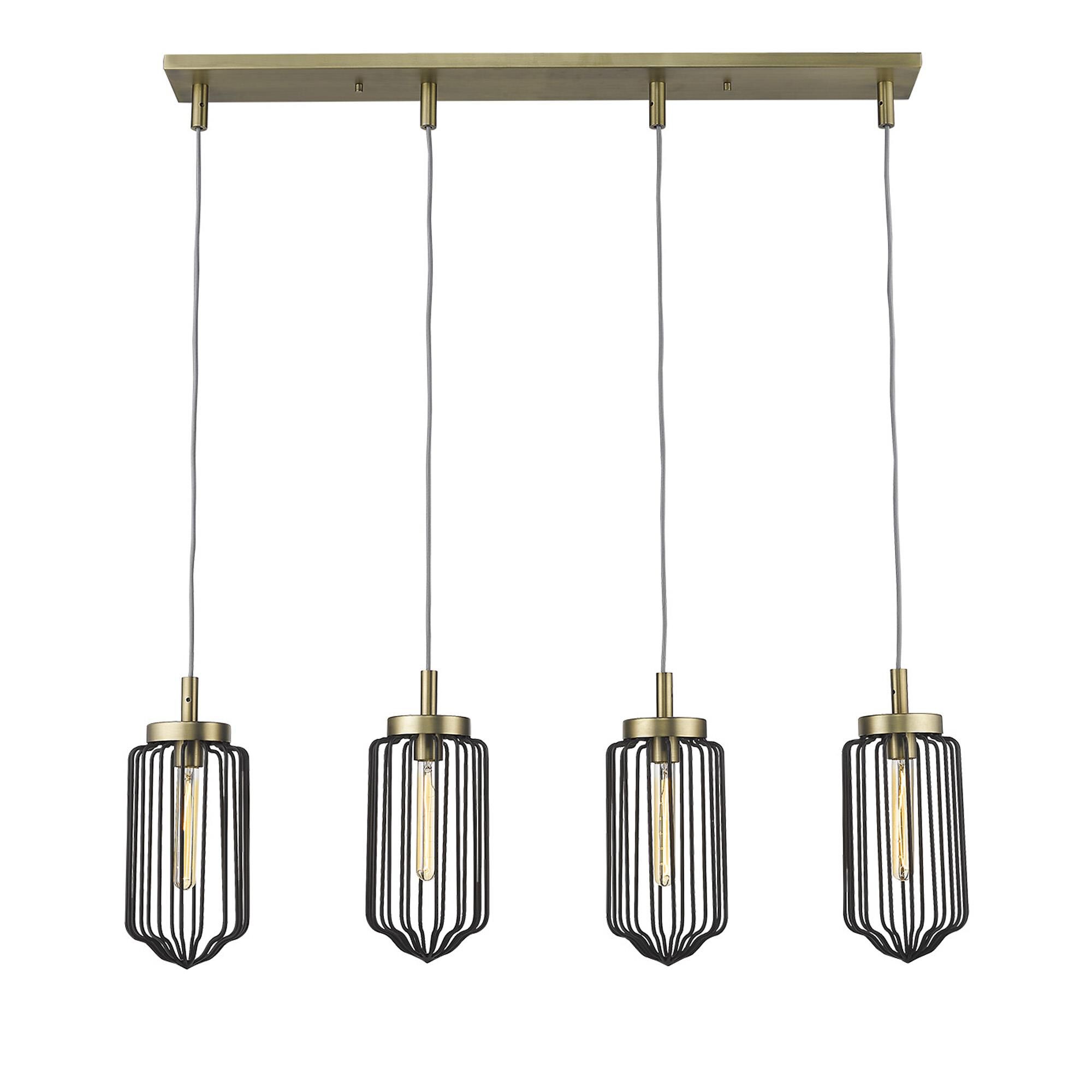 Shown in Aged Brass finish and Black glass and Black, Cylindrical Metal Cage s shade
