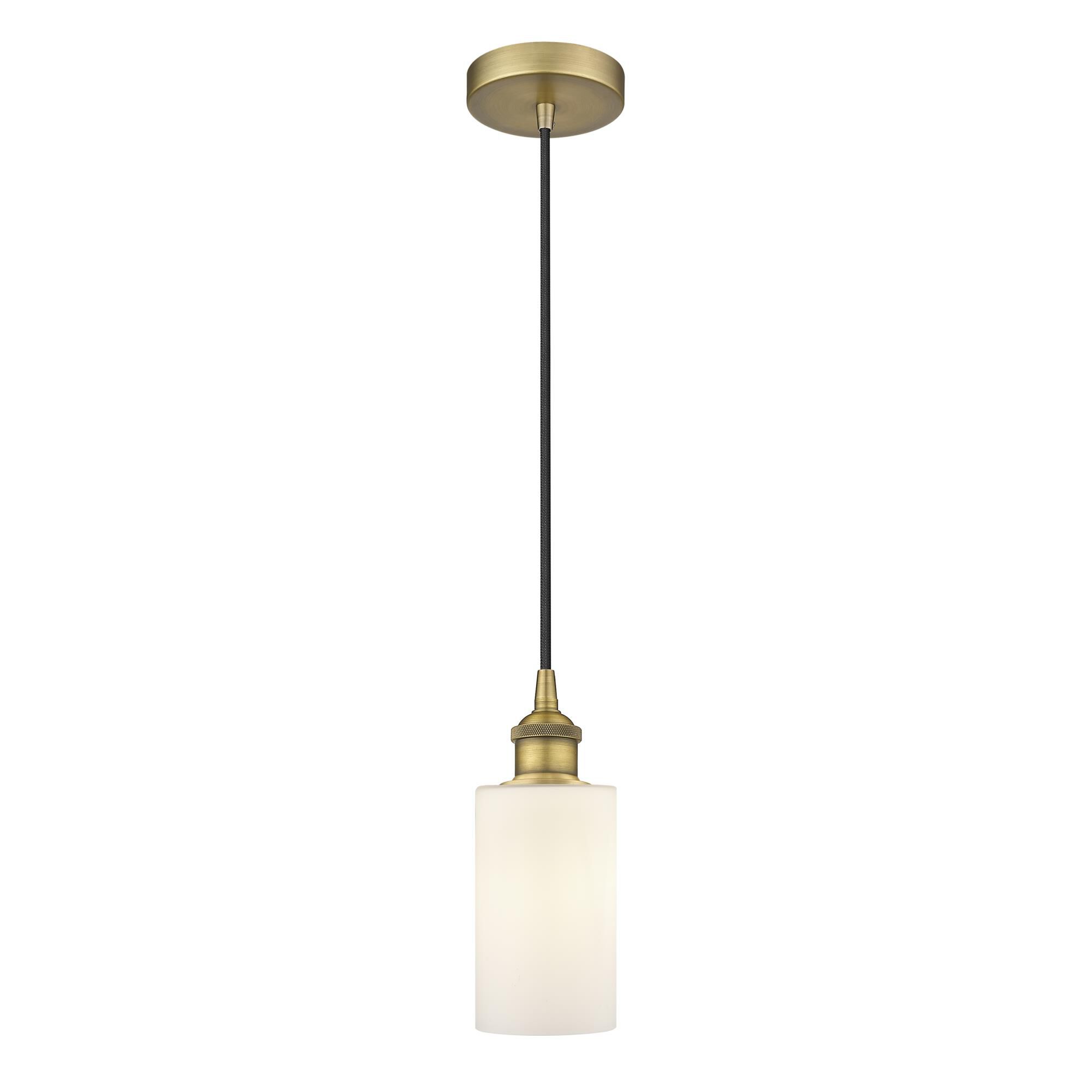 Shown in Brushed Brass finish and Matte White Clymer glass