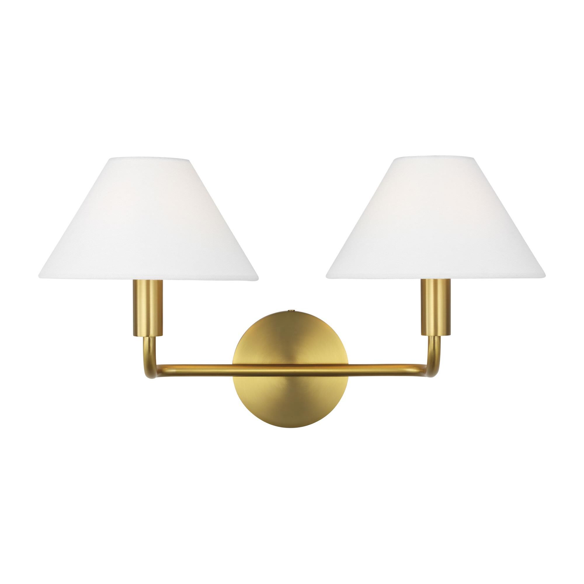 Shown in Burnished Brass finish and White Linen shade