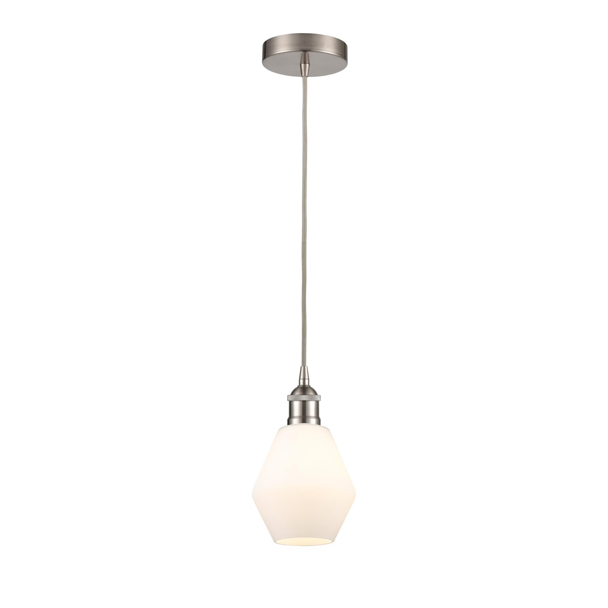 Shown in Brushed Satin Nickel finish and Cased Matte White Cindyrella 8