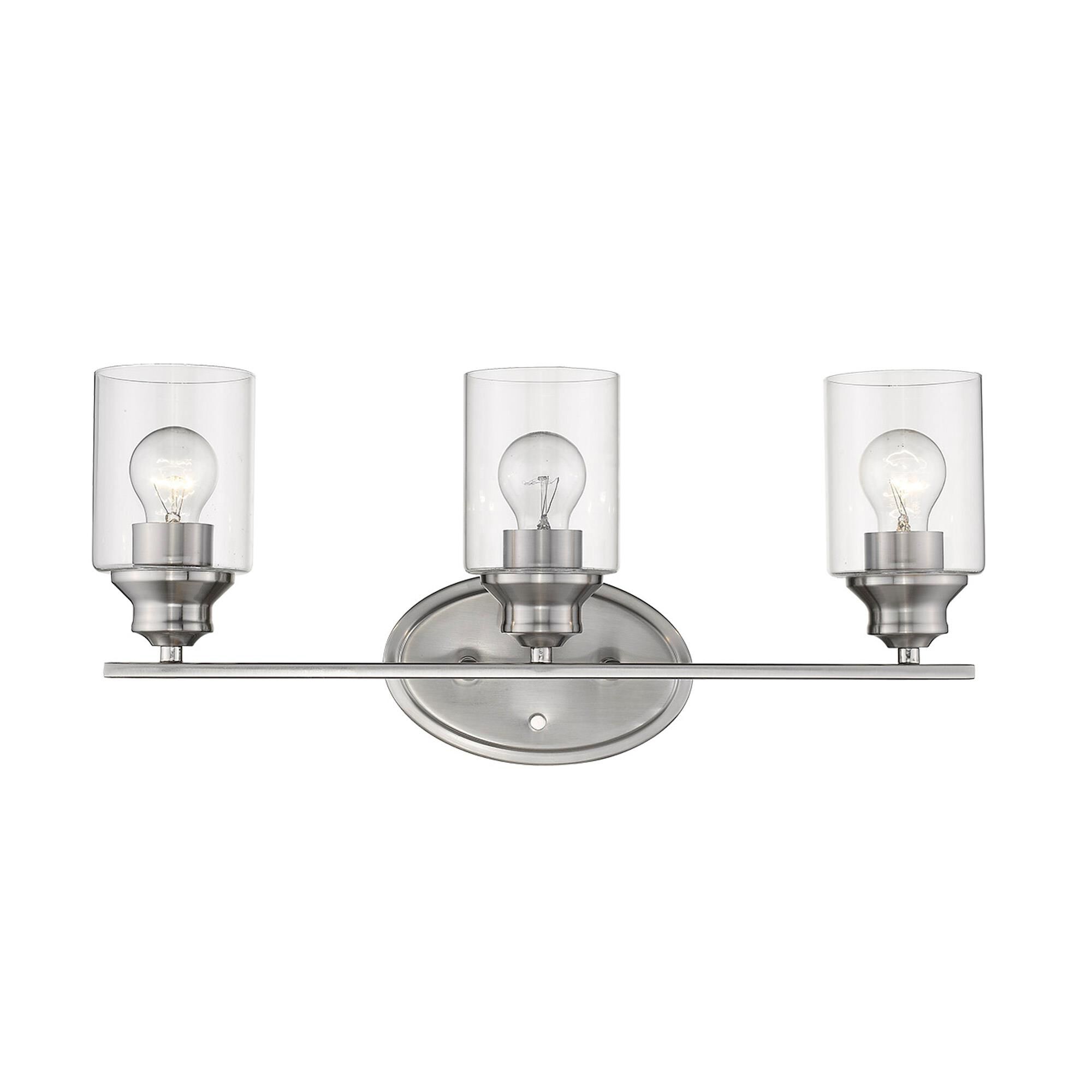 Shown in Satin Nickel finish and Clear glass and Clear, Cylindrical Glass s shade