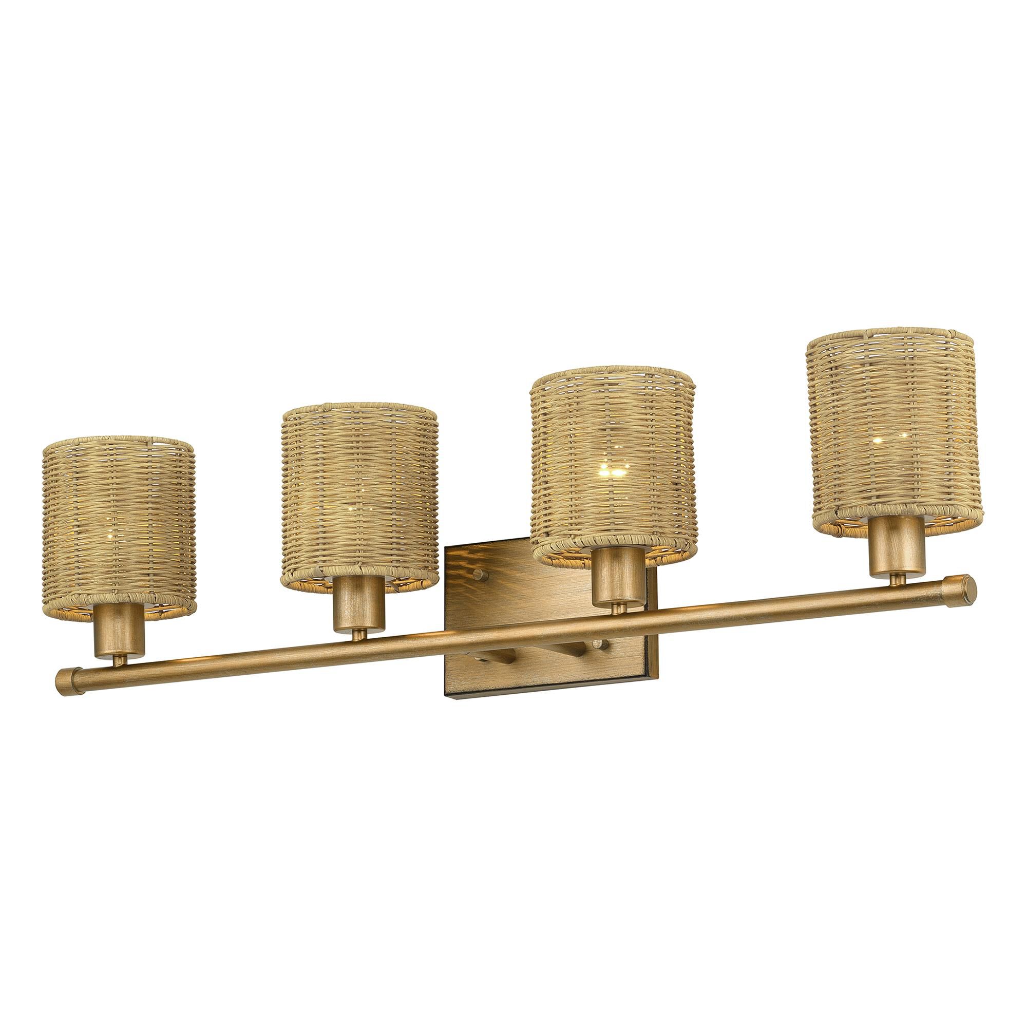 Shown in Antique Gold Leaf finish and Hand-Woven Rustic Walnut Color Rattan shade