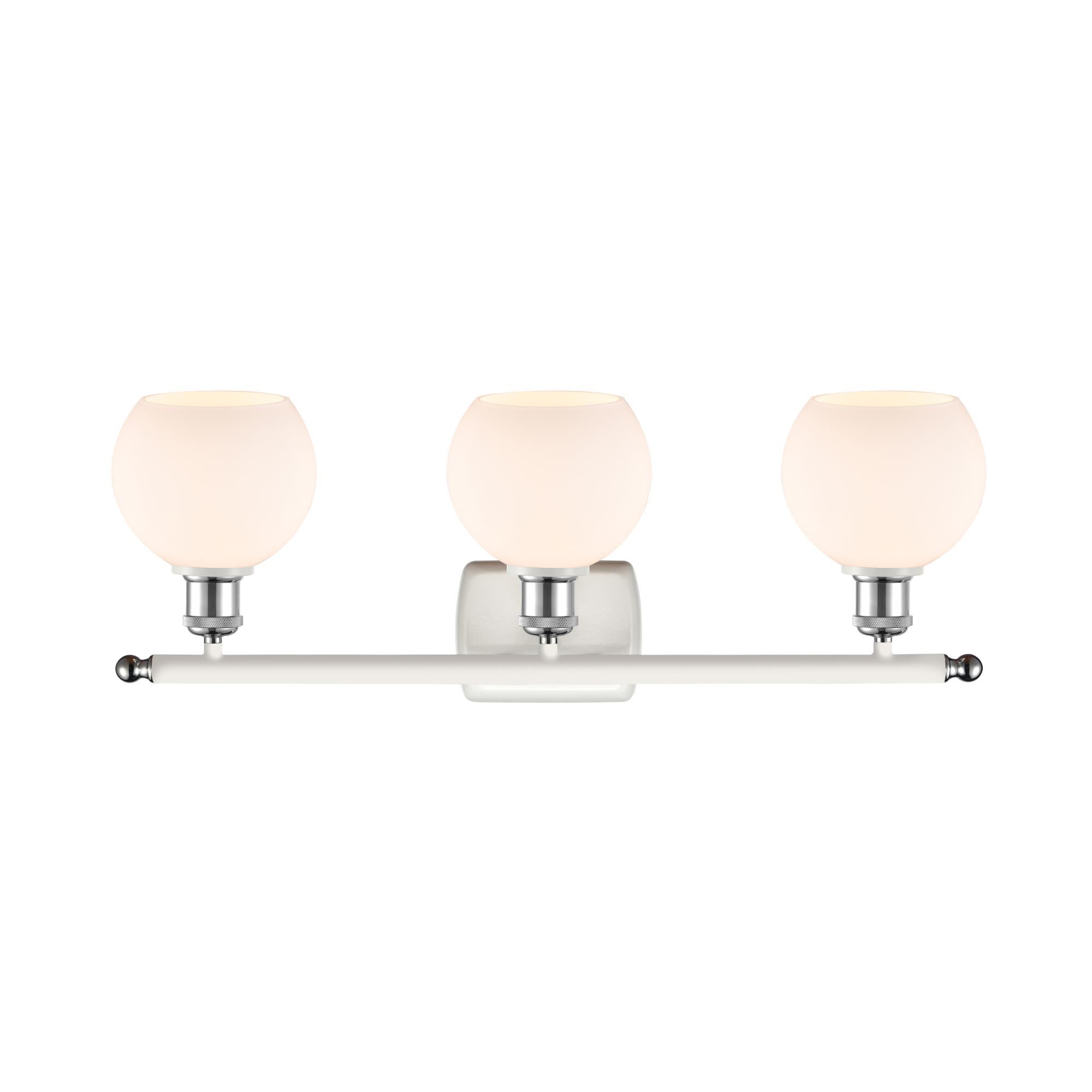 Shown in White And Polished Chrome finish and Cased Matte White Athens glass and No Shade shade