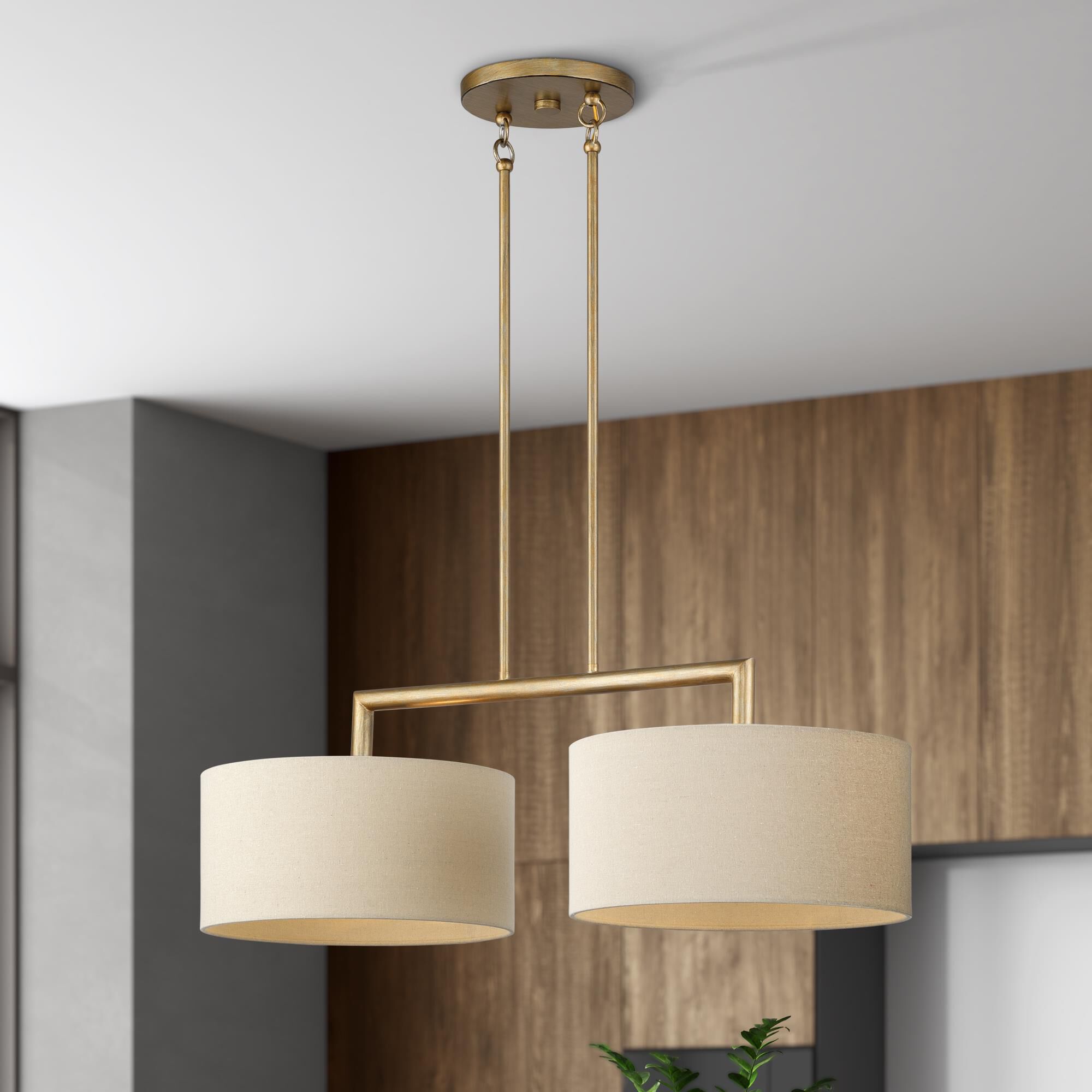 Shown in Antique Gold Leaf finish and Hand Crafted Parchment Color Hardback Fabric shade