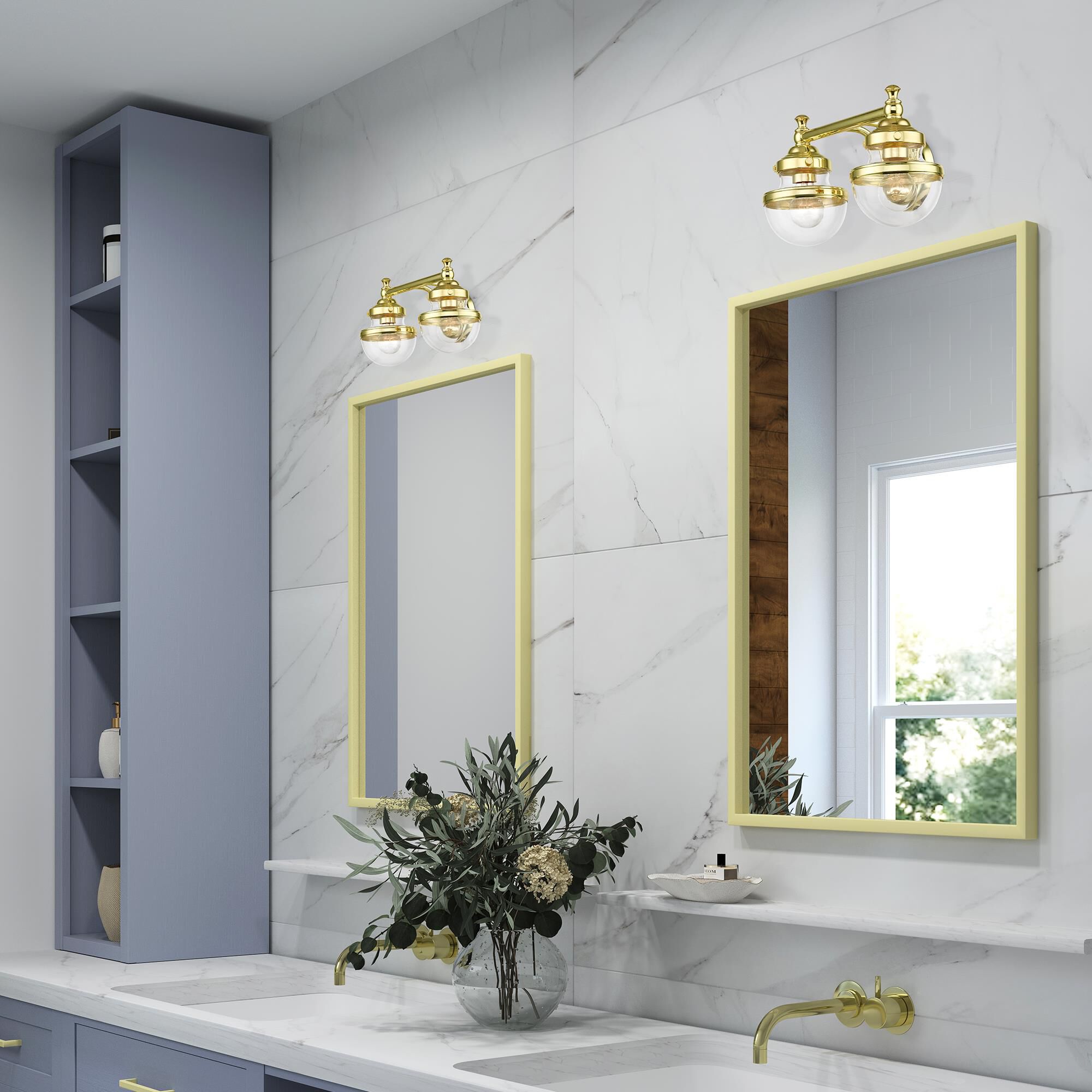 Shown in Polished Brass finish and Hand Blown Clear glass and Hand Blown Clear Glass shade