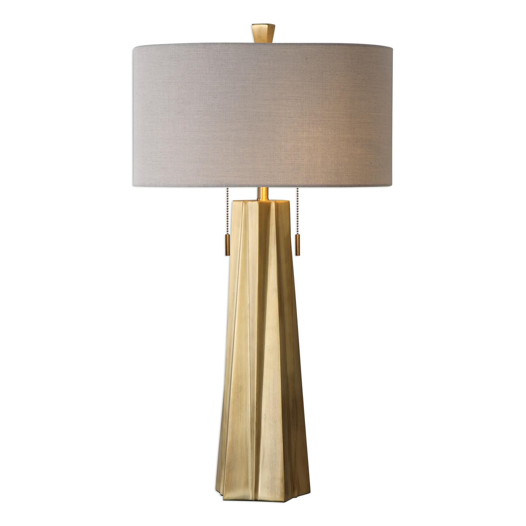 Shown in Plated Antiqued Brass finish and Light Beige Linen Fabric Round Hardback Drum shade