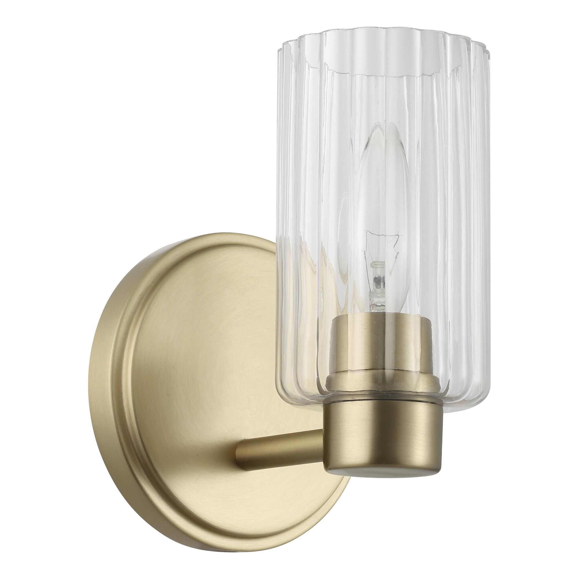 Shown in Champagne Gold finish and Clear Ribbed glass