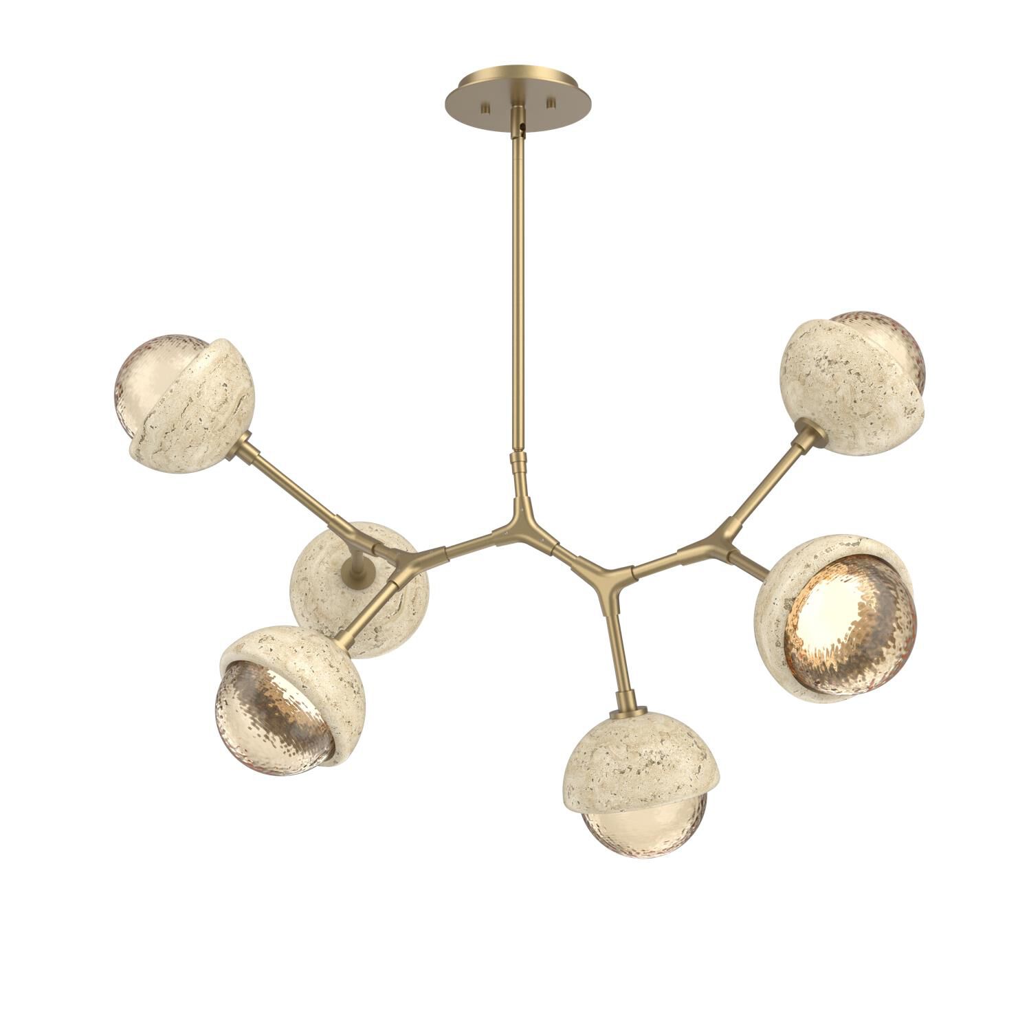 Shown in Novel Brass finish and Amber glass and Travertine Stone accent