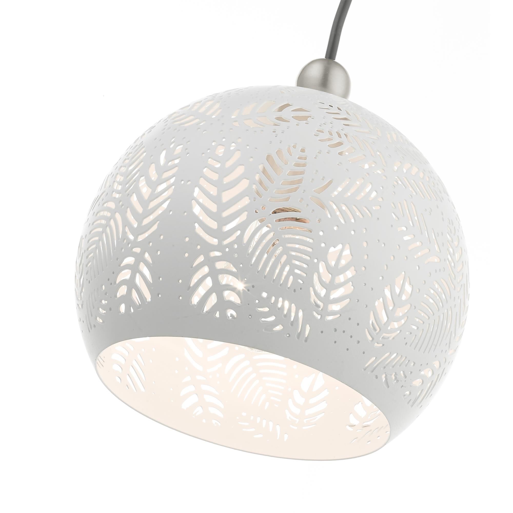 Shown in White With Brushed Nickel Accents finish and White Ornamental Metal Shade With White Finish Inside glass and White Ornamental Metal  With White Finish Inside shade