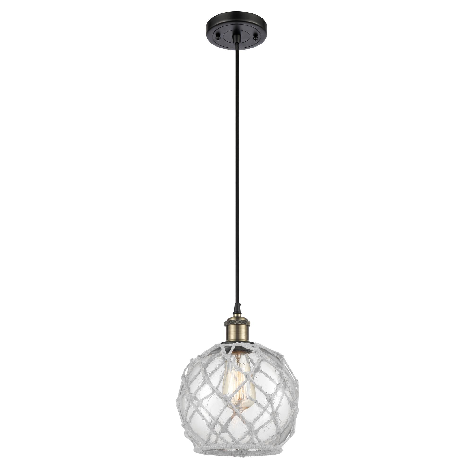 Shown in Black Antique Brass finish and Clear Farmhousewith White Rope glass