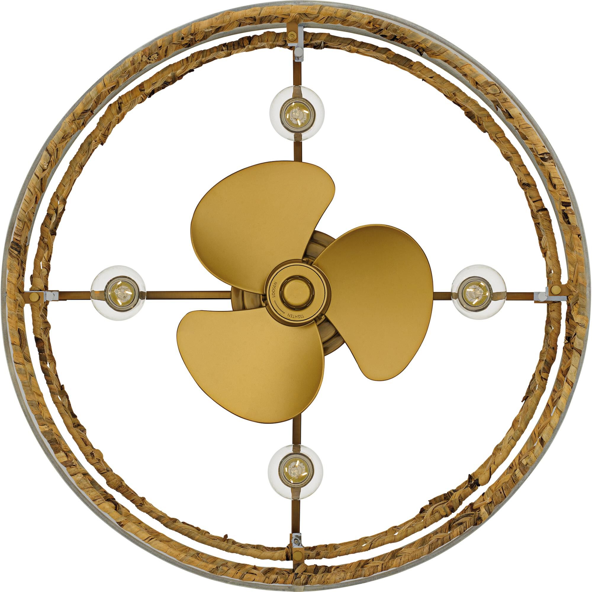 Shown in Brushed Gold finish and White Linen And Rattan shade