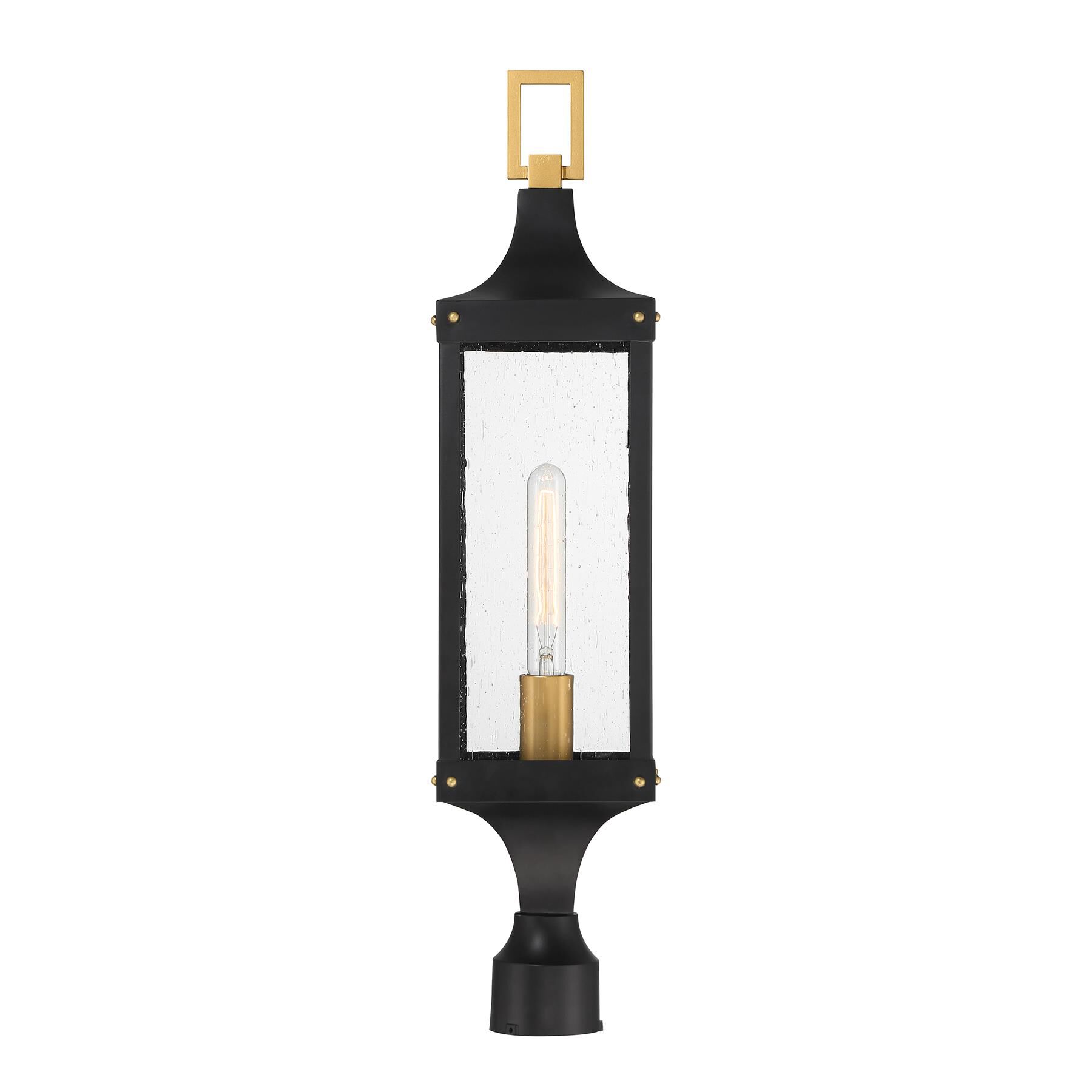 Shown in Matte Black And Weathered Brushed Brass finish and Clear Seeded glass