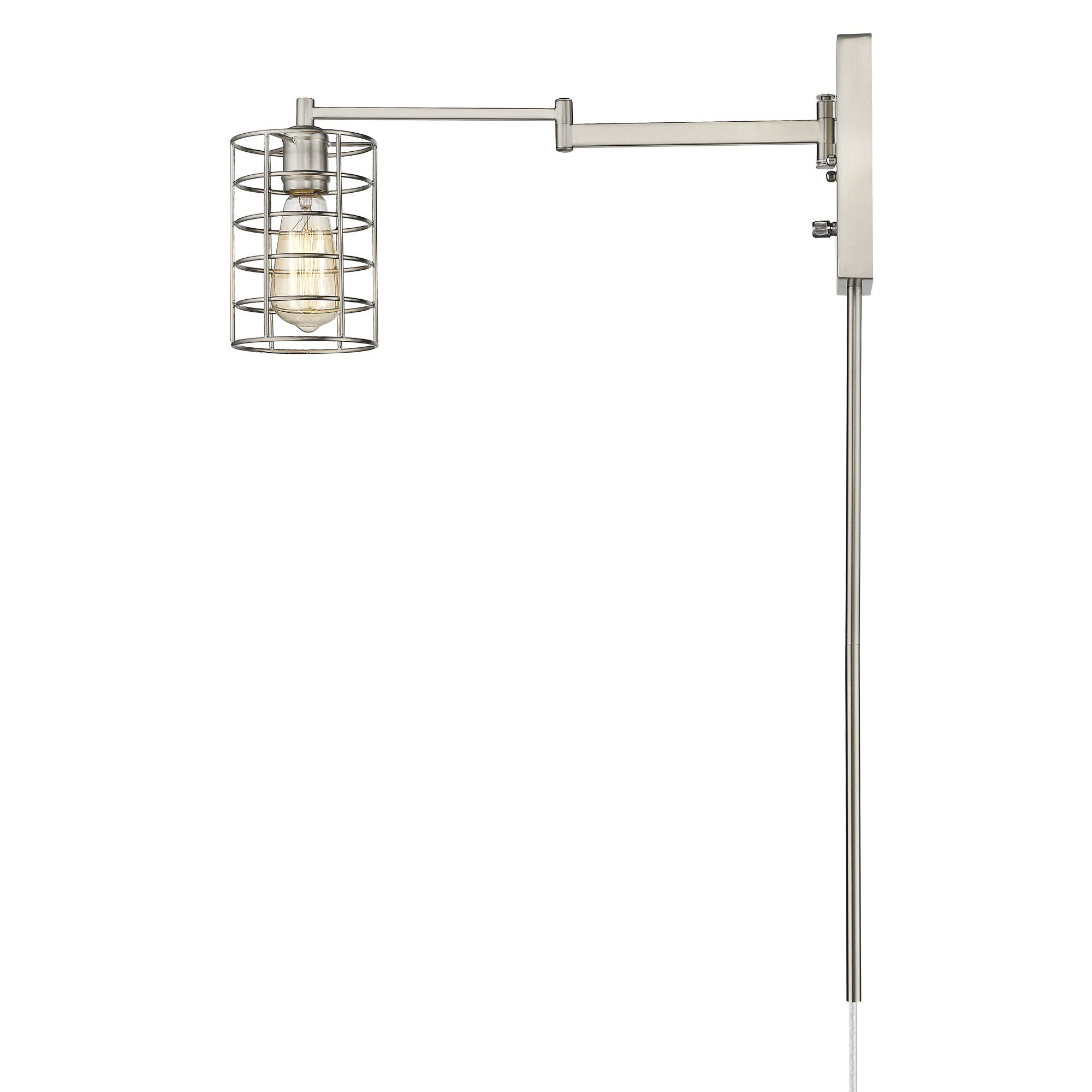 Shown in Satin Nickel finish and Satin Nickel glass and Satin Nickel, Cylindrical Metal Cage shade