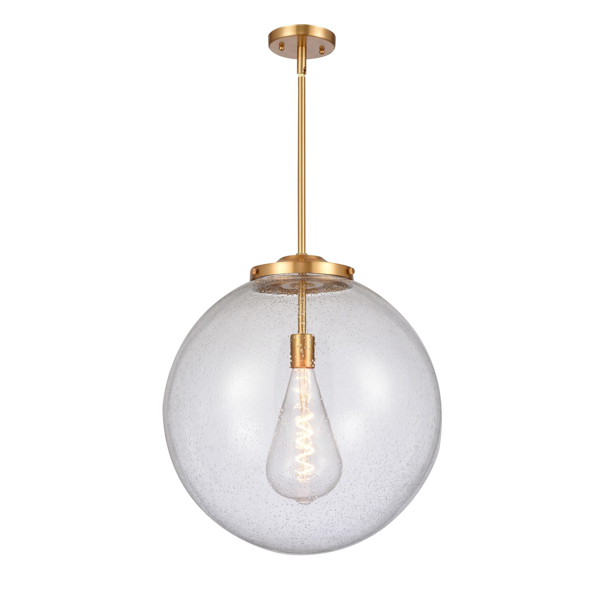 Shown in Satin Gold finish and Seedy Beacon glass