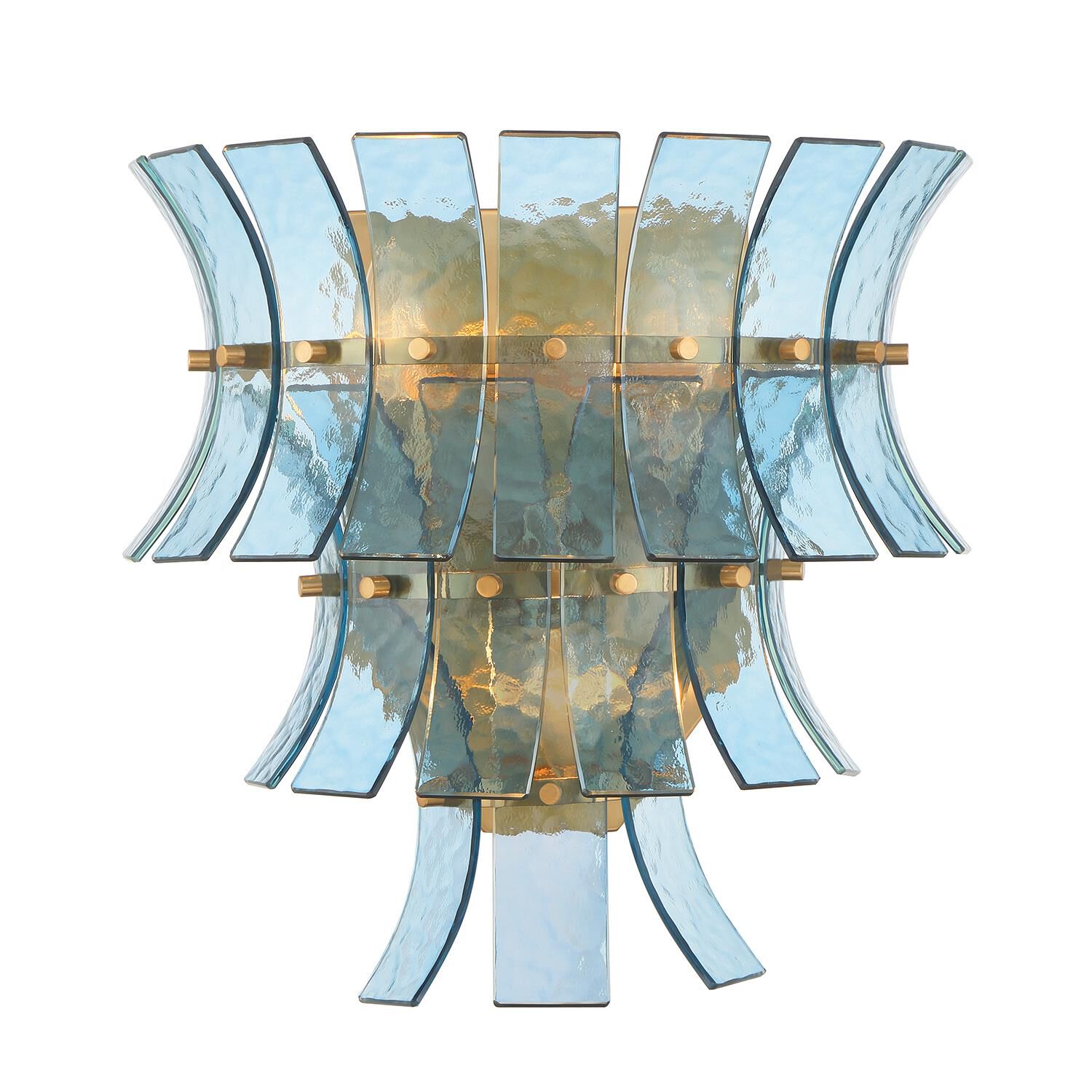 Shown in Aged Brass finish and Blue Curved glass