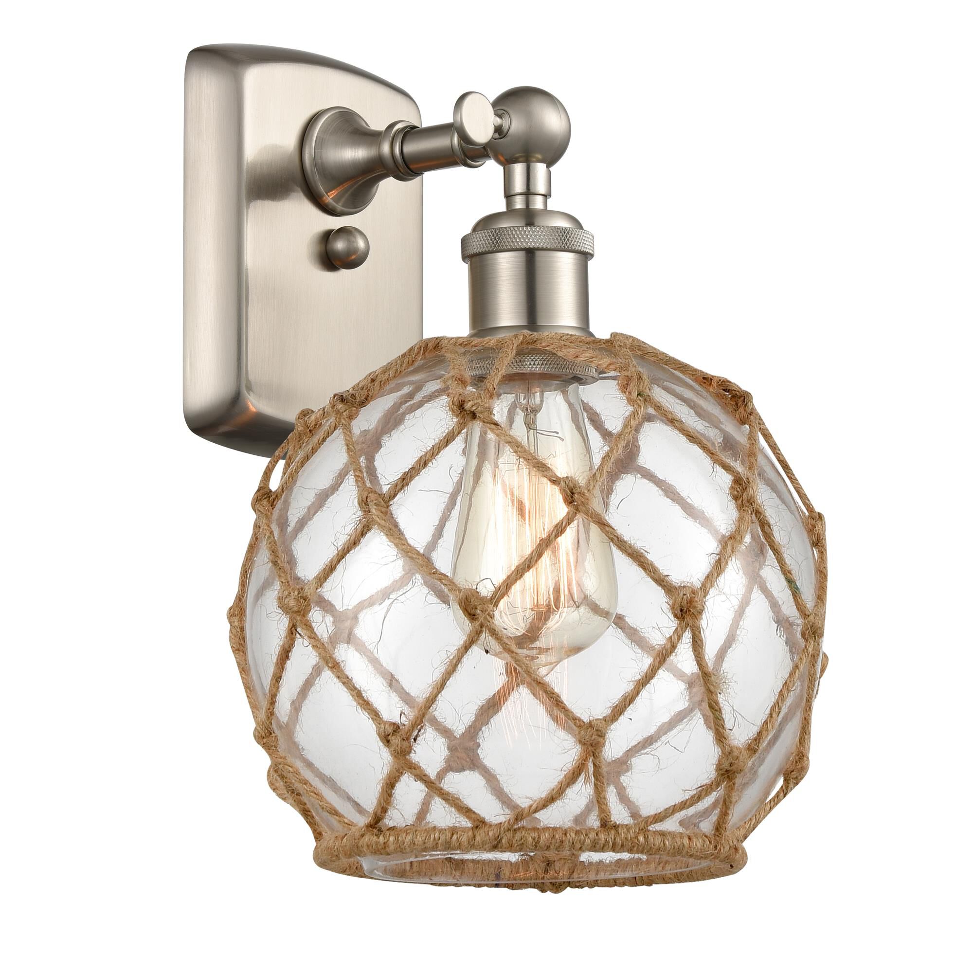 Shown in Brushed Satin Nickel finish and Clear With Black Rope glass