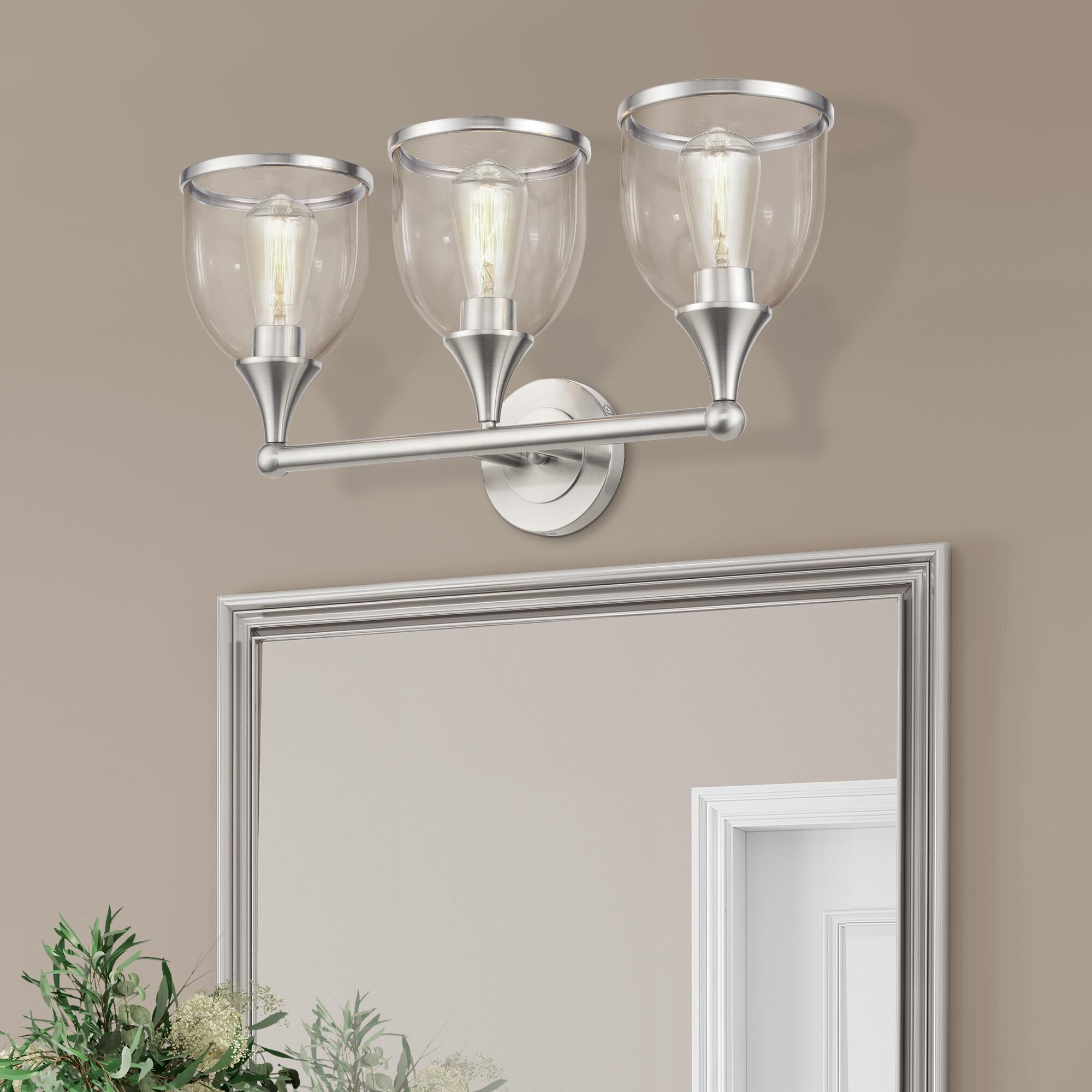 Shown in Brushed Nickel finish and Mouth Blown Clear glass