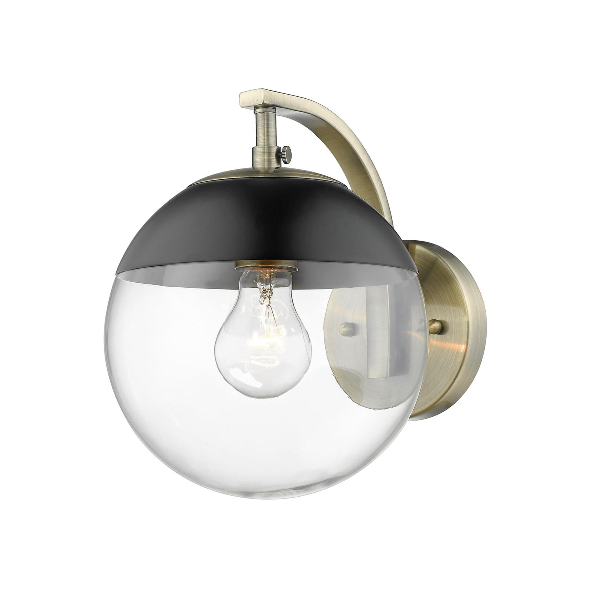 Shown in Aged Brass finish and Clear glass and Black accent