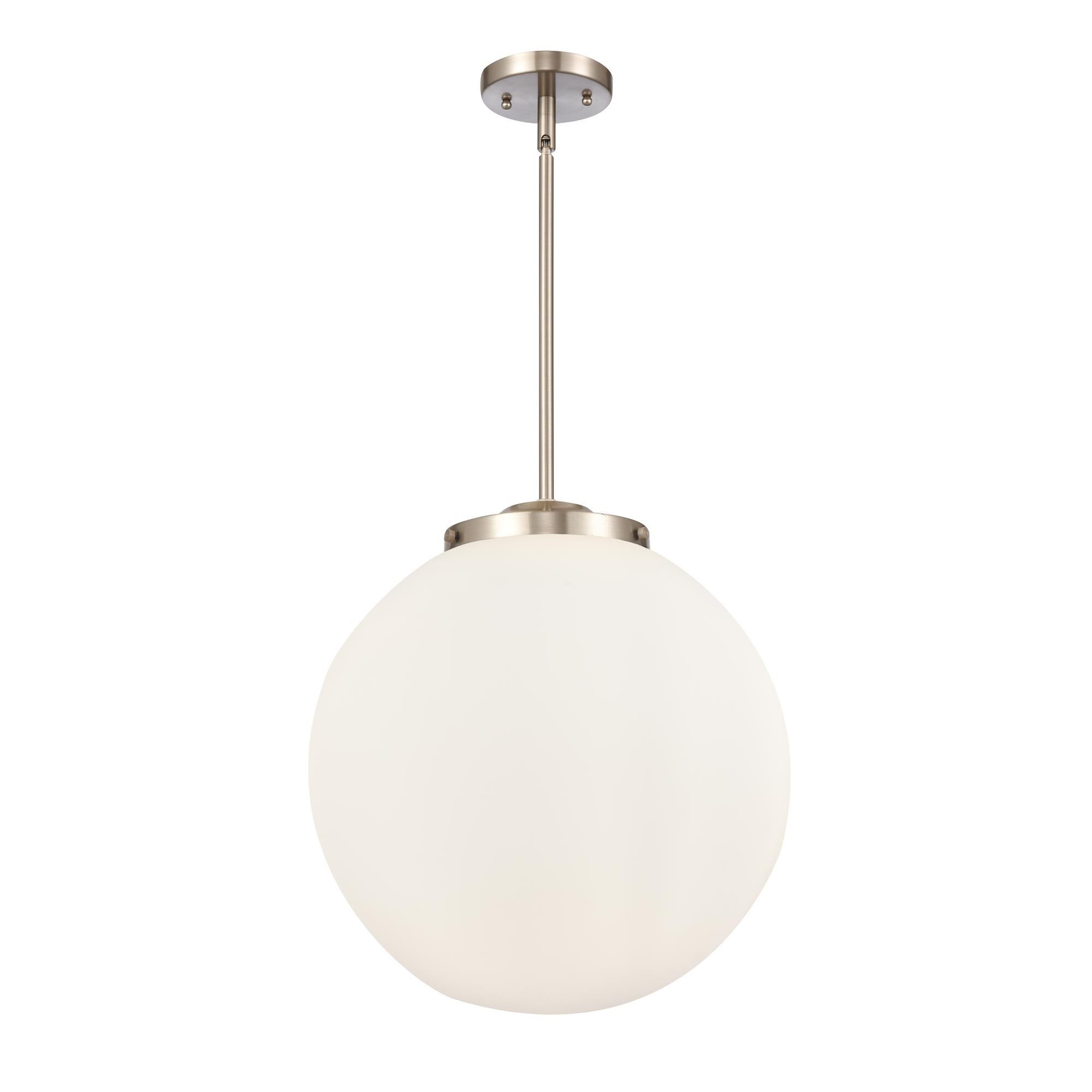 Shown in Brushed Satin Nickel finish and Matte White Cased Beacon glass