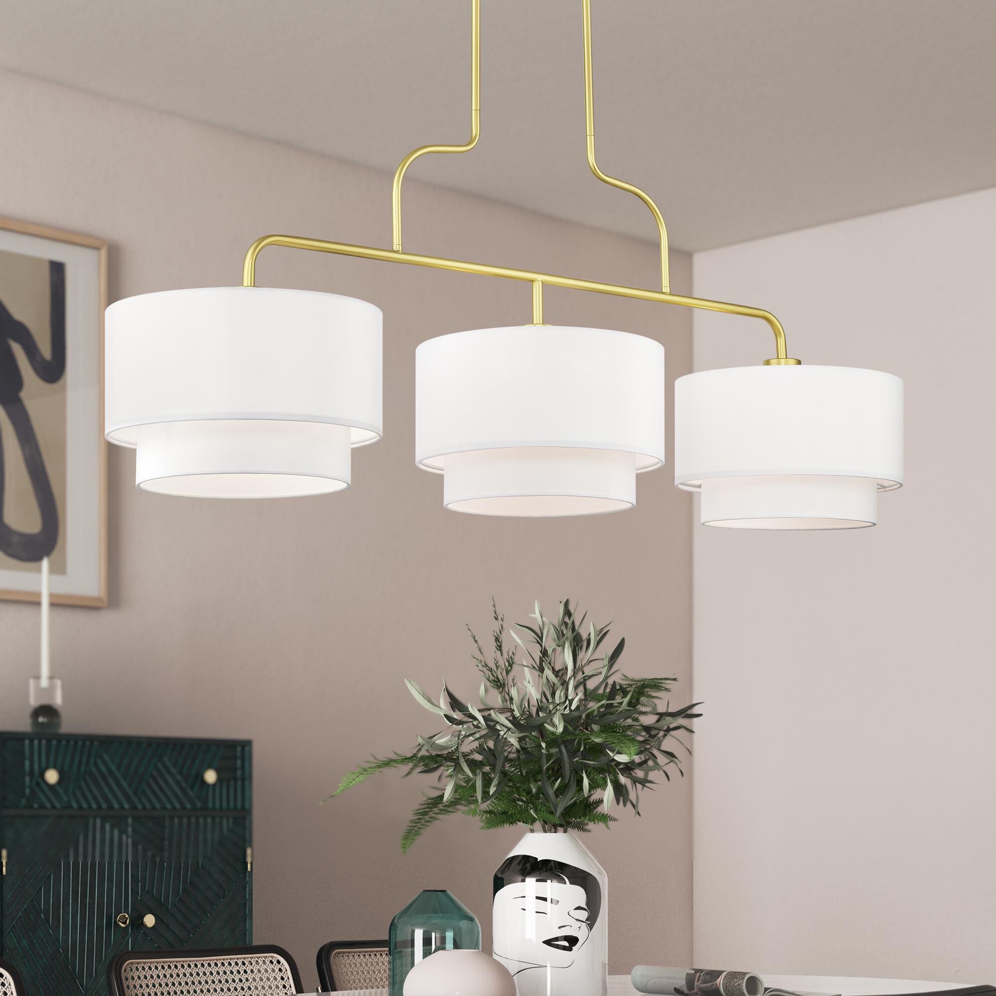 Shown in Soft Gold finish and Hand Crafted Off-White Fabric Hardbacks with White Fabric Inside shade