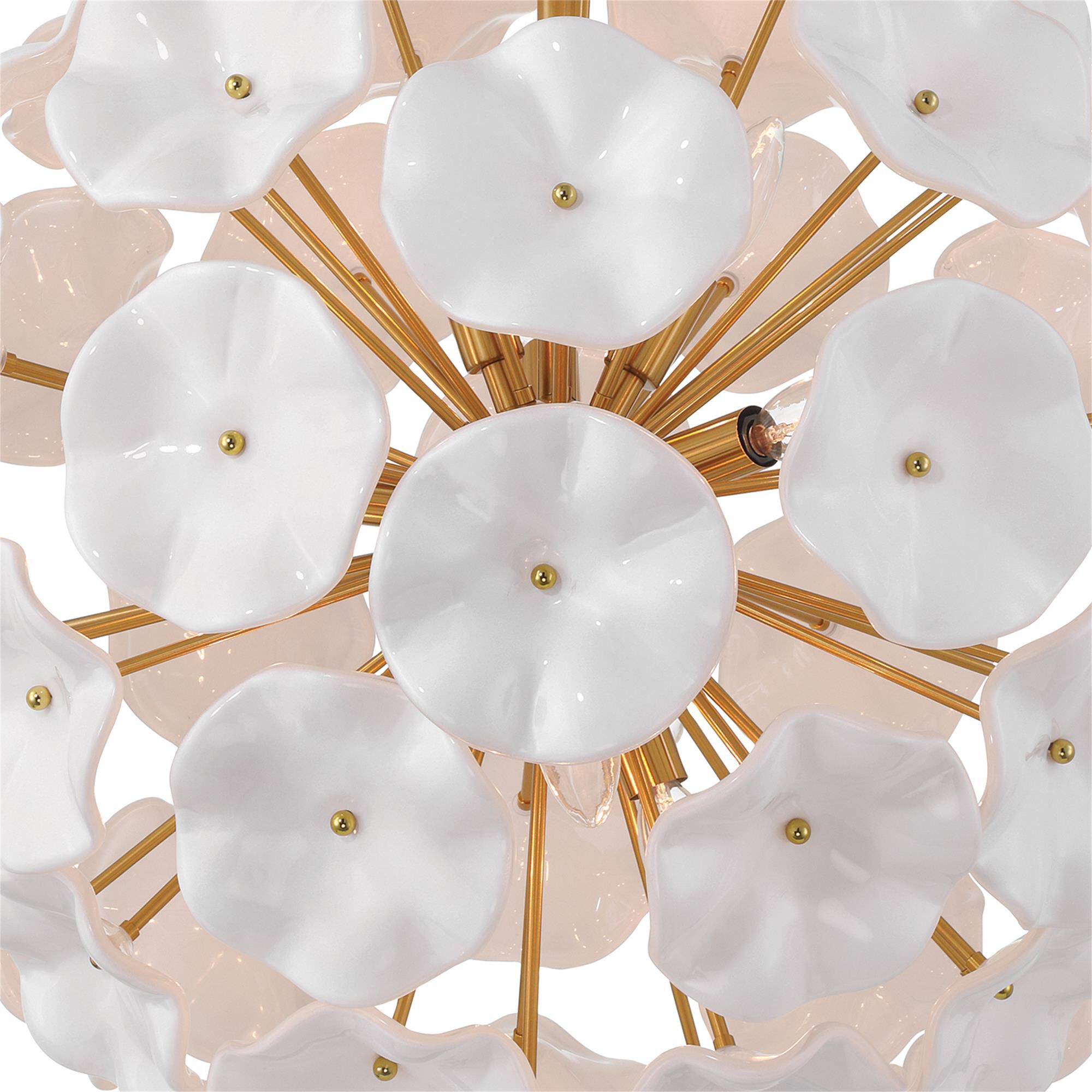 Shown in Aged Brass finish and Floral Petals White glass
