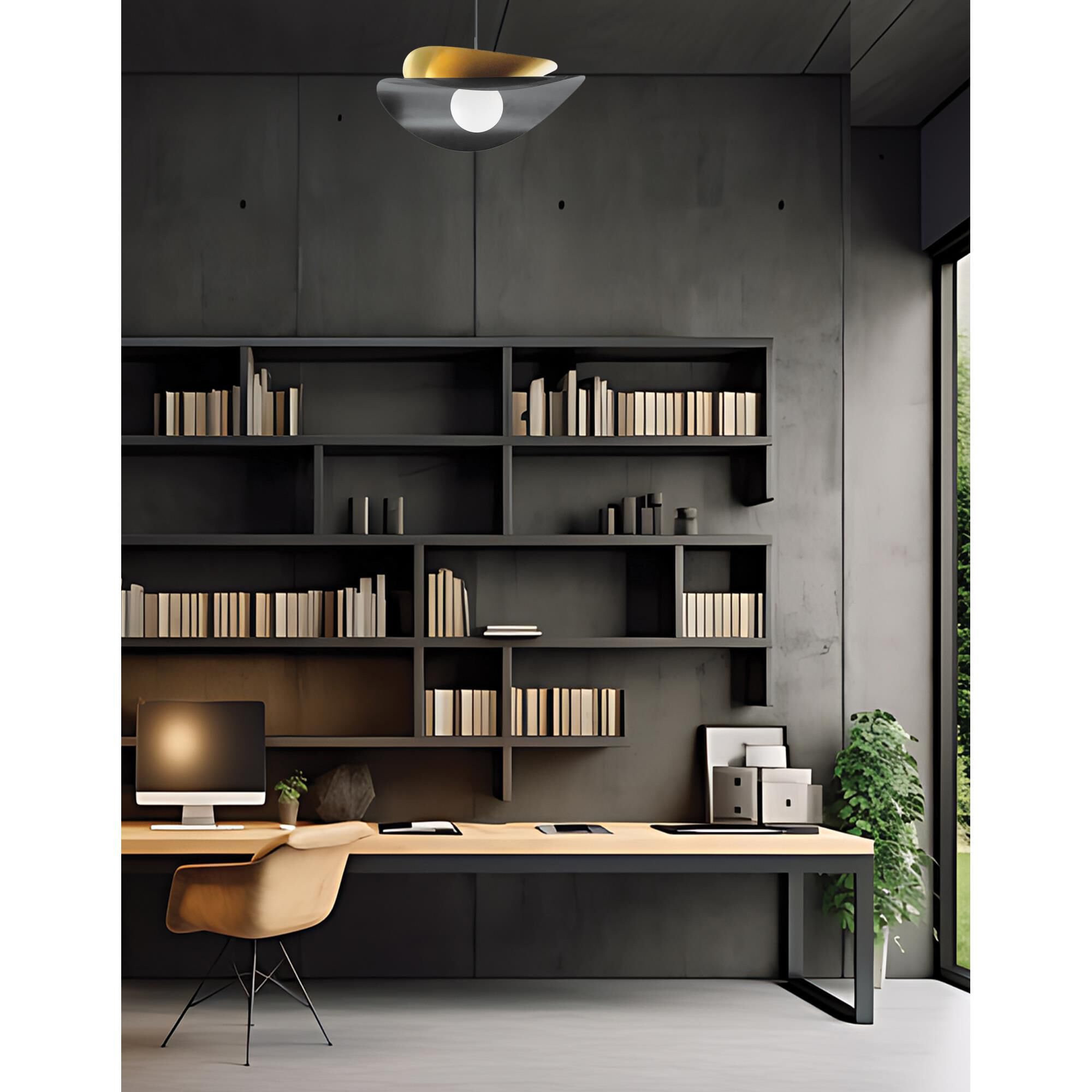 Shown in Matte Black finish and Matte Black and Aged Brass shade