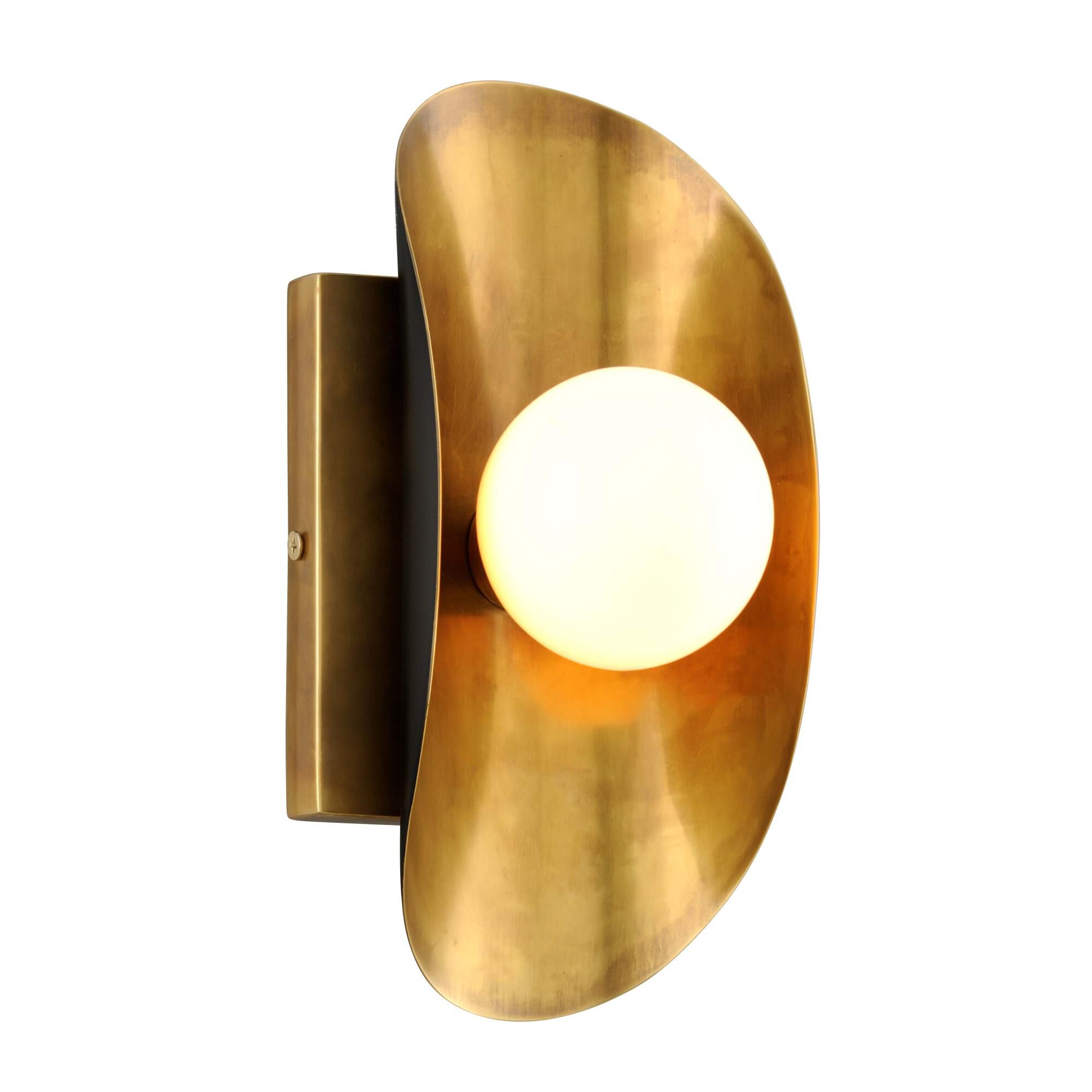 Shown in Vintage Brass finish and Opal White glass and Bronze accent